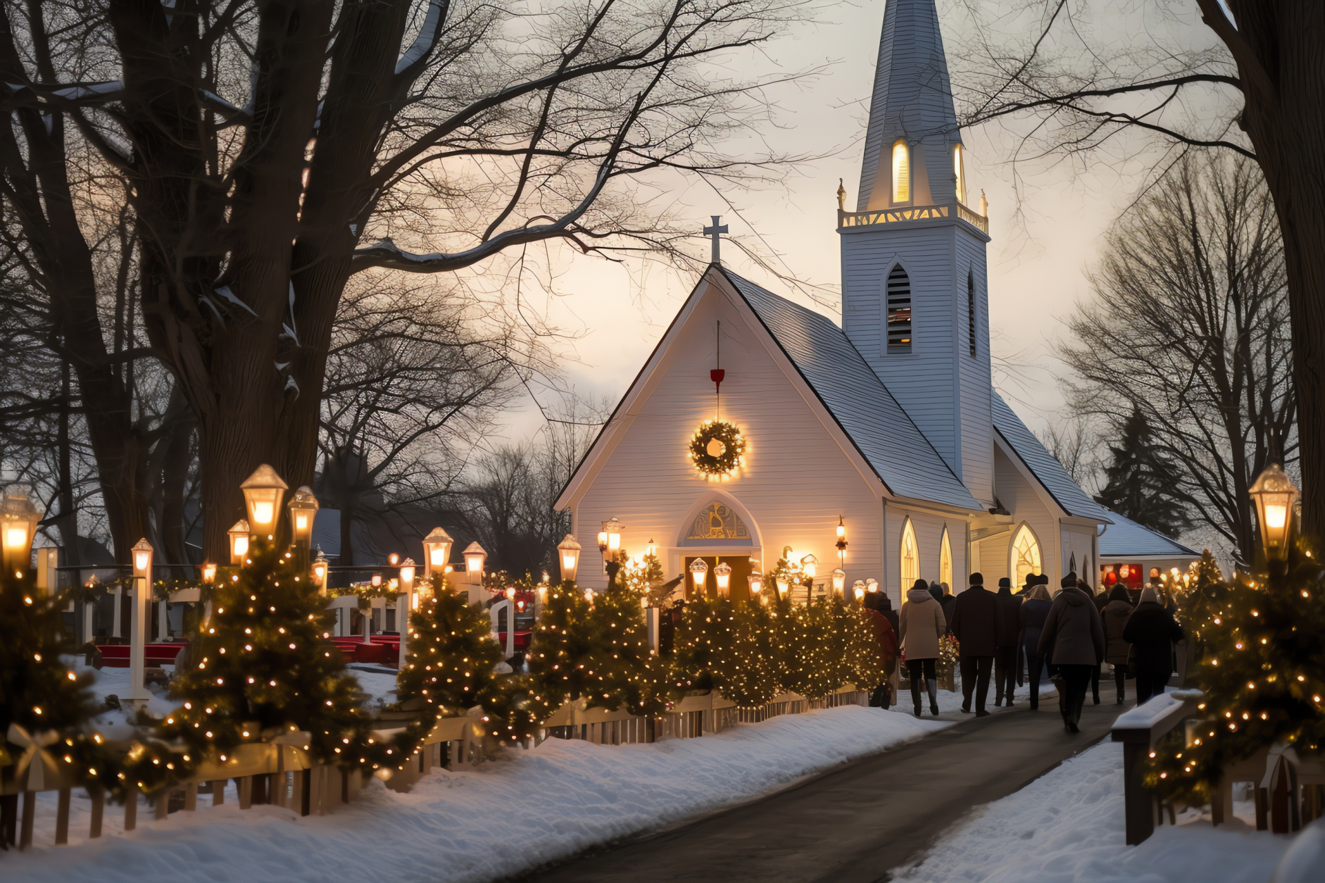 Festive wintertime depiction, local religious edifice, liturgical candles, decorative greens, carolling collective, HD Desktop Wallpaper