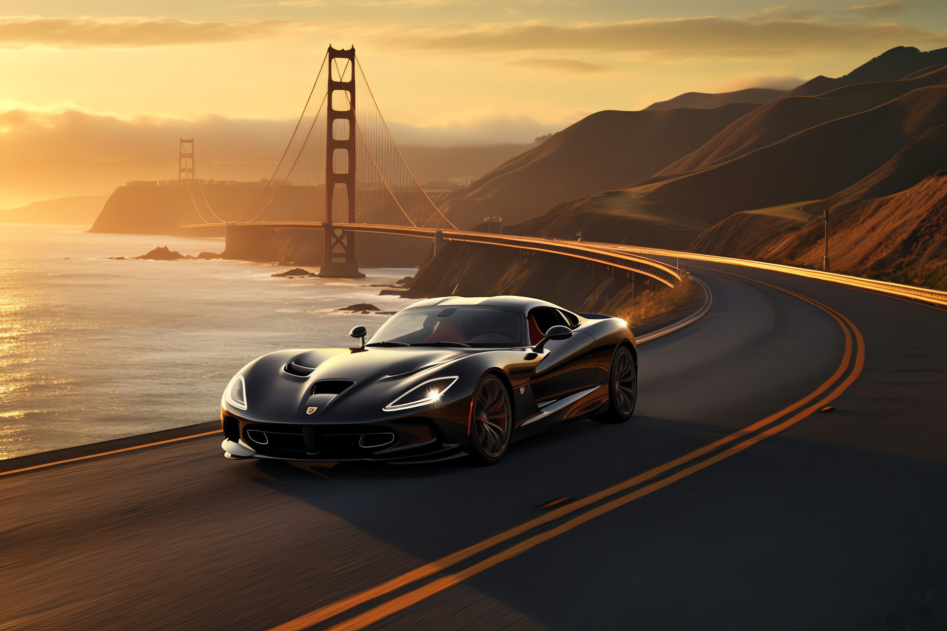 Coastal SRT Viper journey, Pacific highway allure, Glossy black finesse, Seaside driving freedom, Luxe car exploration, HD Desktop Wallpaper