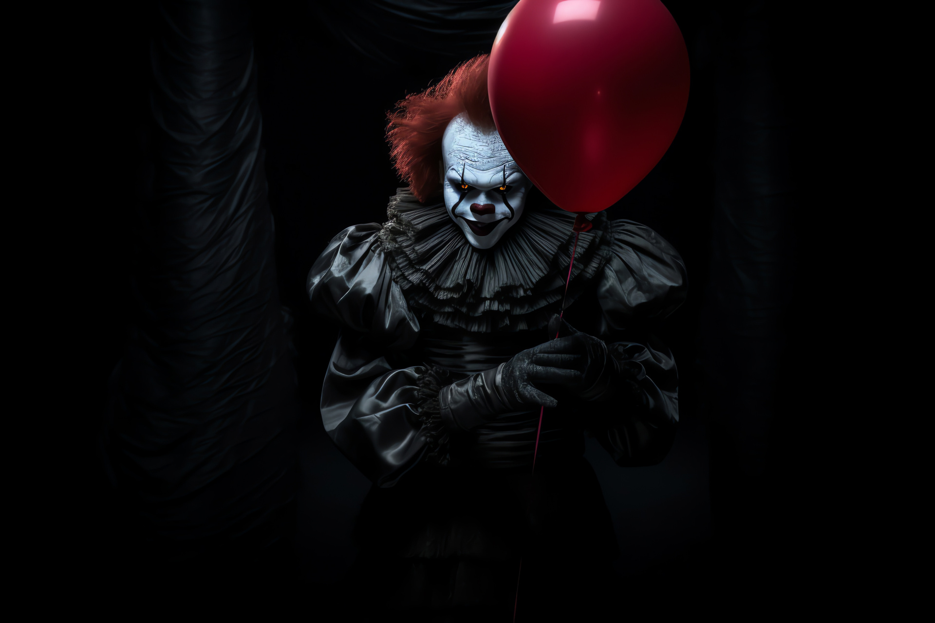 Pennywise horror icon, floating balloon, dark ambiance, glowing orbs, haunting smirk, HD Desktop Wallpaper