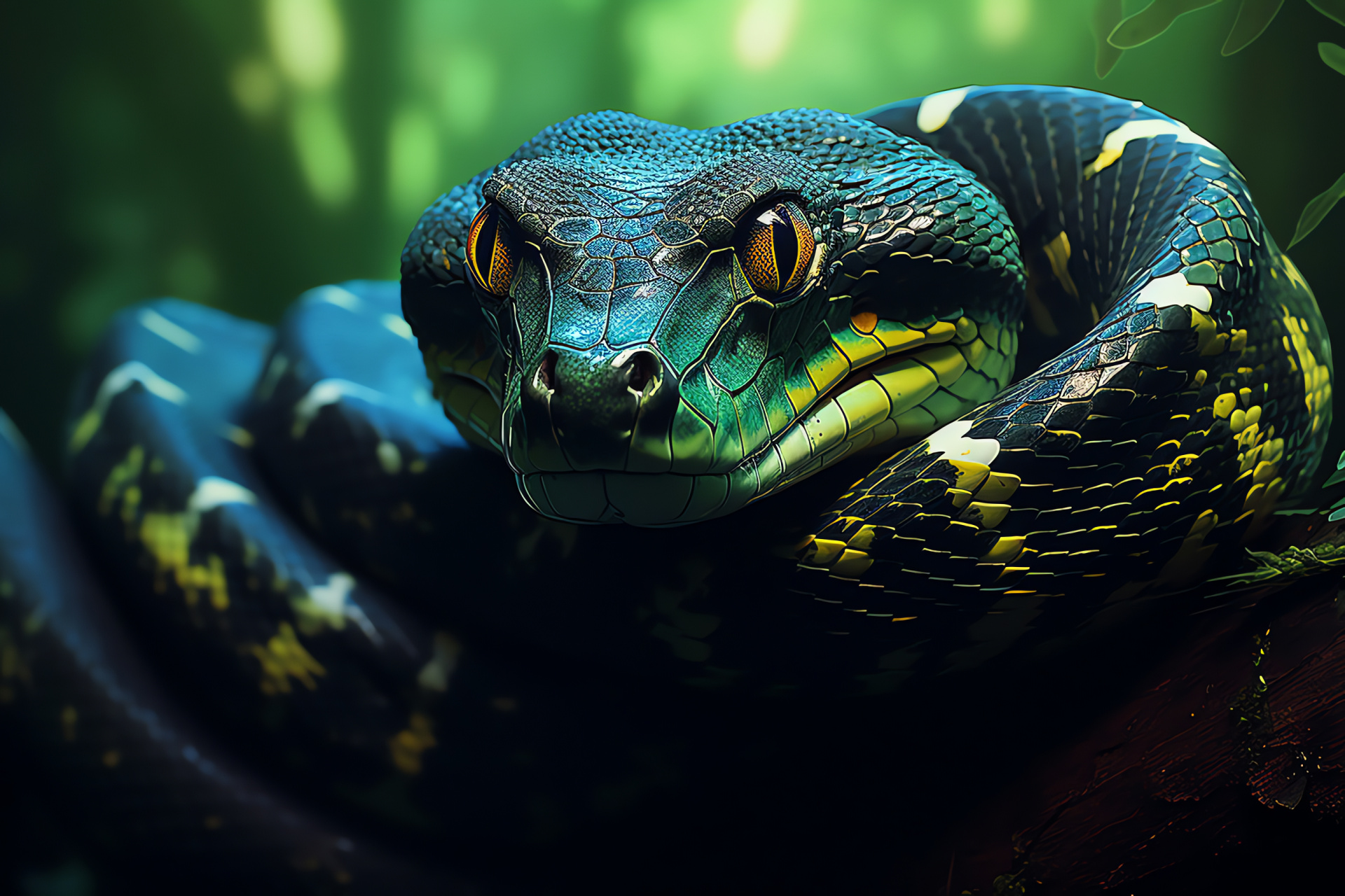 Anaconda, snake dark-green skin, Amazonian wildlife, snake ocular detail, reptilian coiled posture, HD Desktop Wallpaper