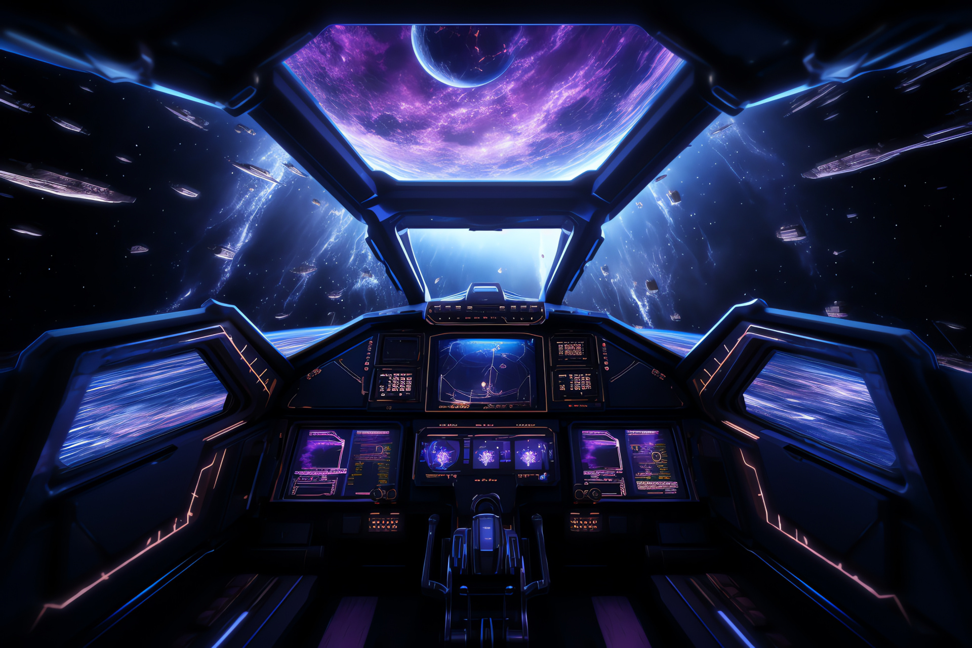 Command center seat, Cosmic vastness, Galactic navigator's view, Expansive cosmos, Space vessel dashboard, HD Desktop Wallpaper