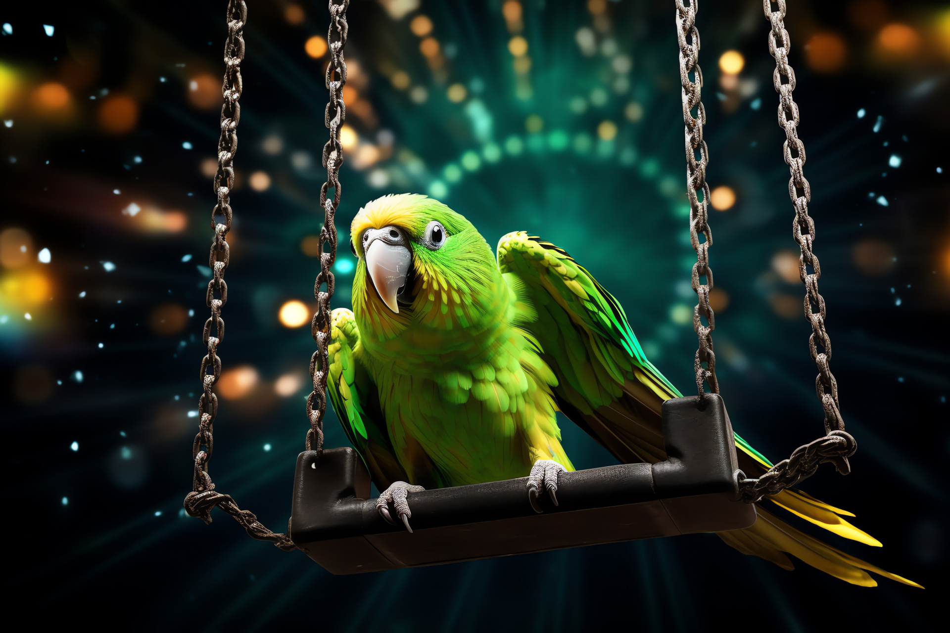 Playful Parakeet, verdant coat, leisure swing, luminous strokes, avian leisure, HD Desktop Wallpaper