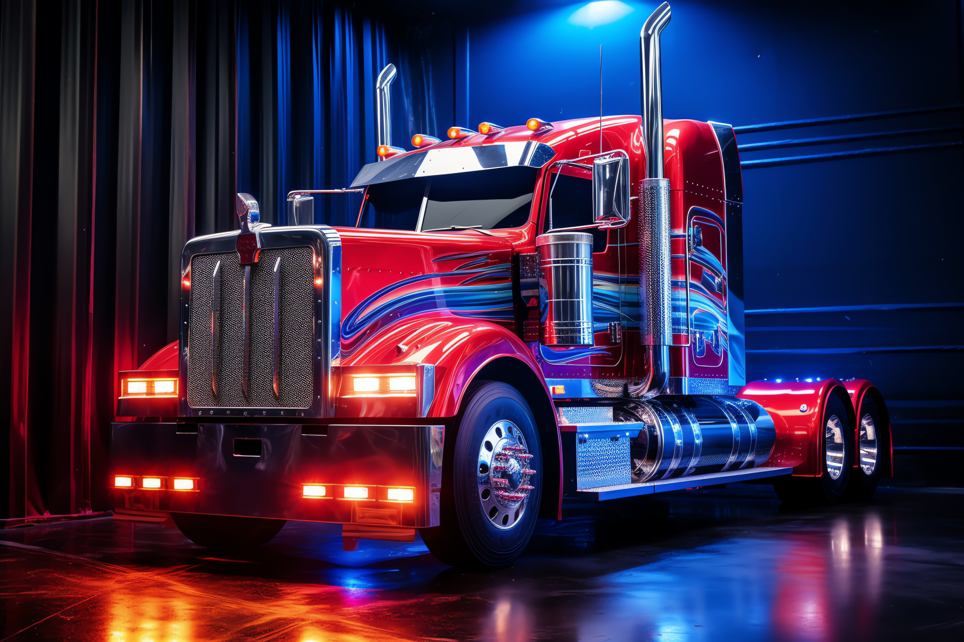 Autobot commander Optimus, Prime in vehicles form, Vivid scenery, Red flames, Autobot emblem, HD Desktop Image