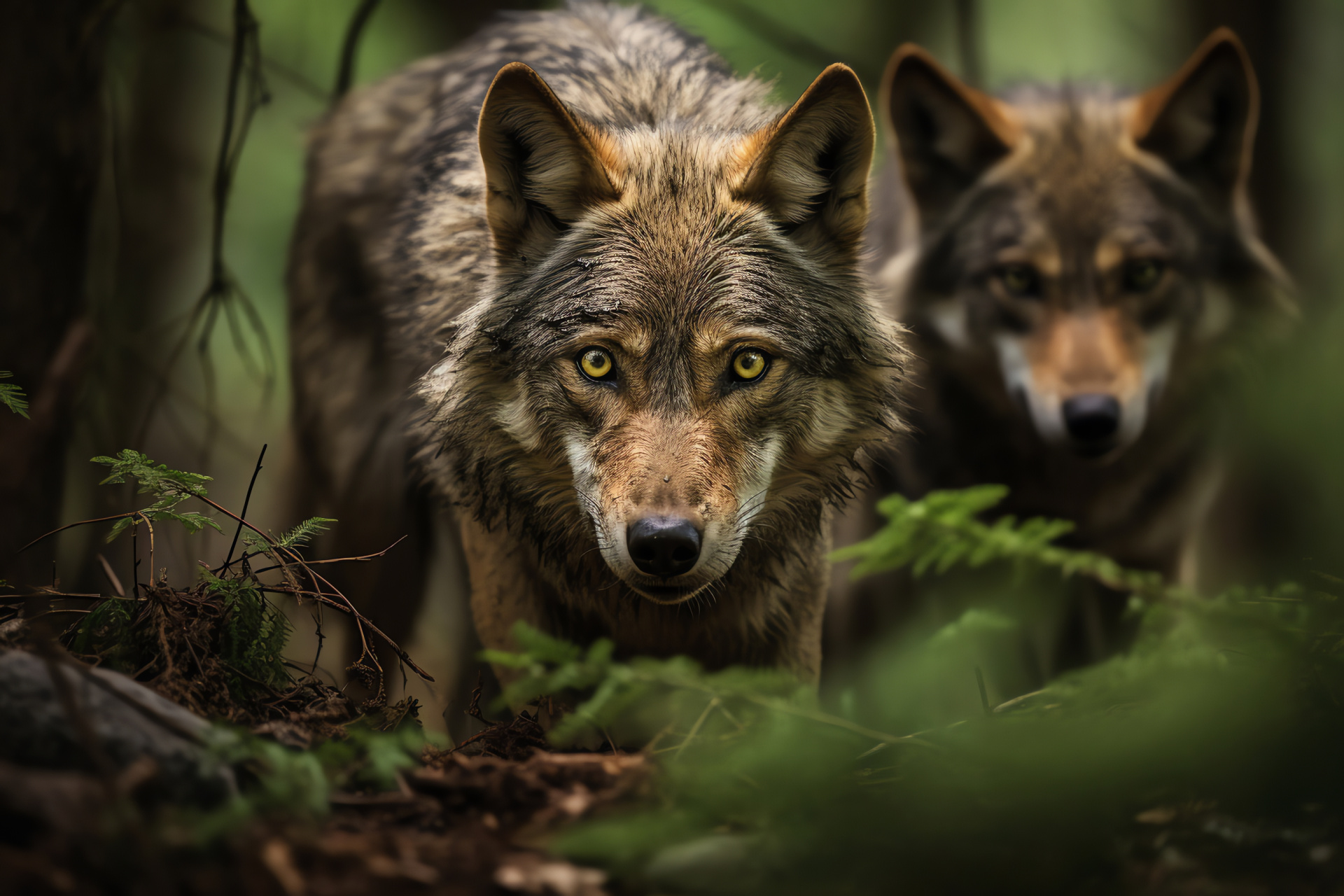 Pack of Balkan wolves, Wild canine gaze, Tawny wolf fur, Old-growth forest, Predatory mammals, HD Desktop Image