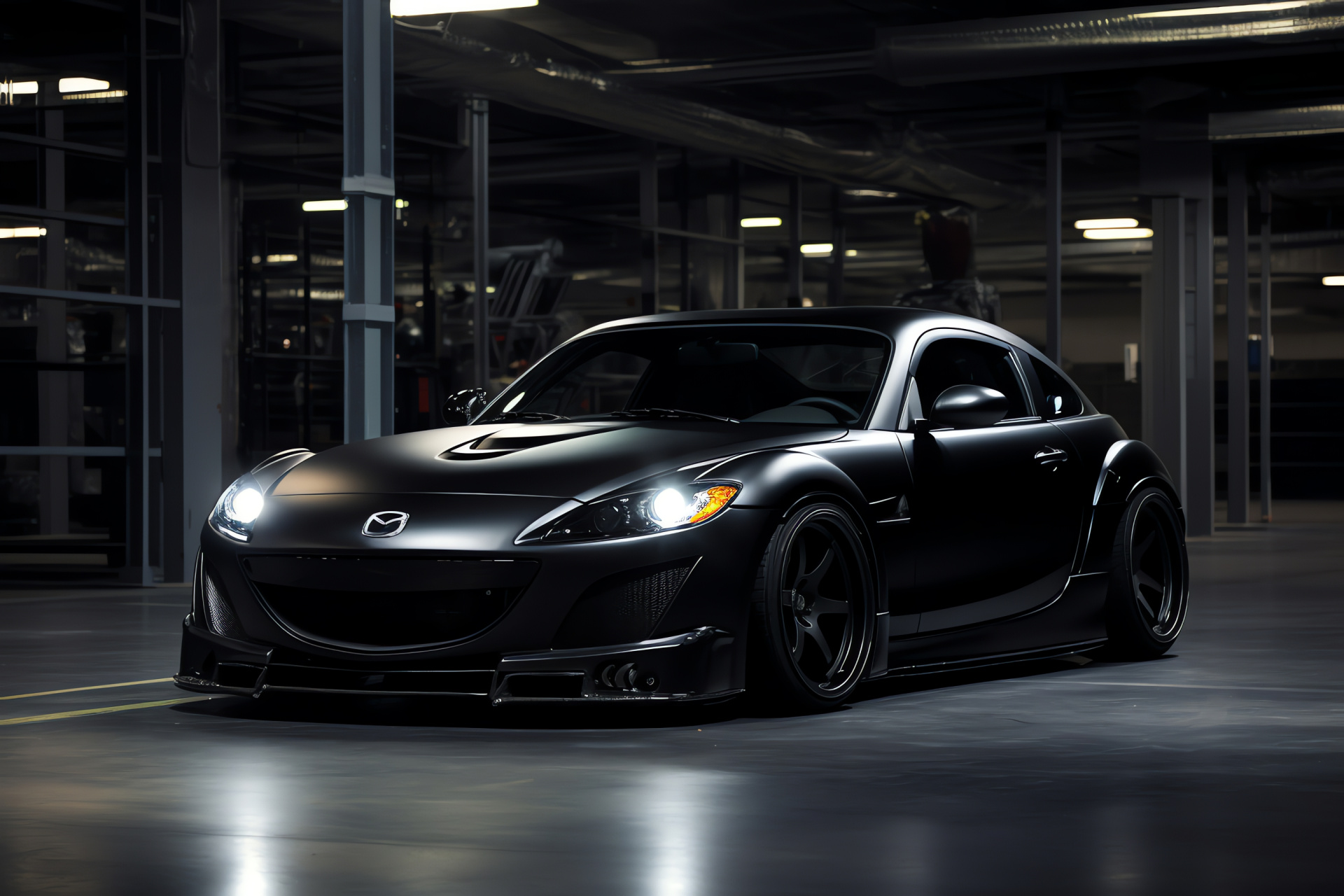 Matte black Mazda RX8, Underground style, Sports car profile, Innovative design, Aggressive automotive look, HD Desktop Wallpaper