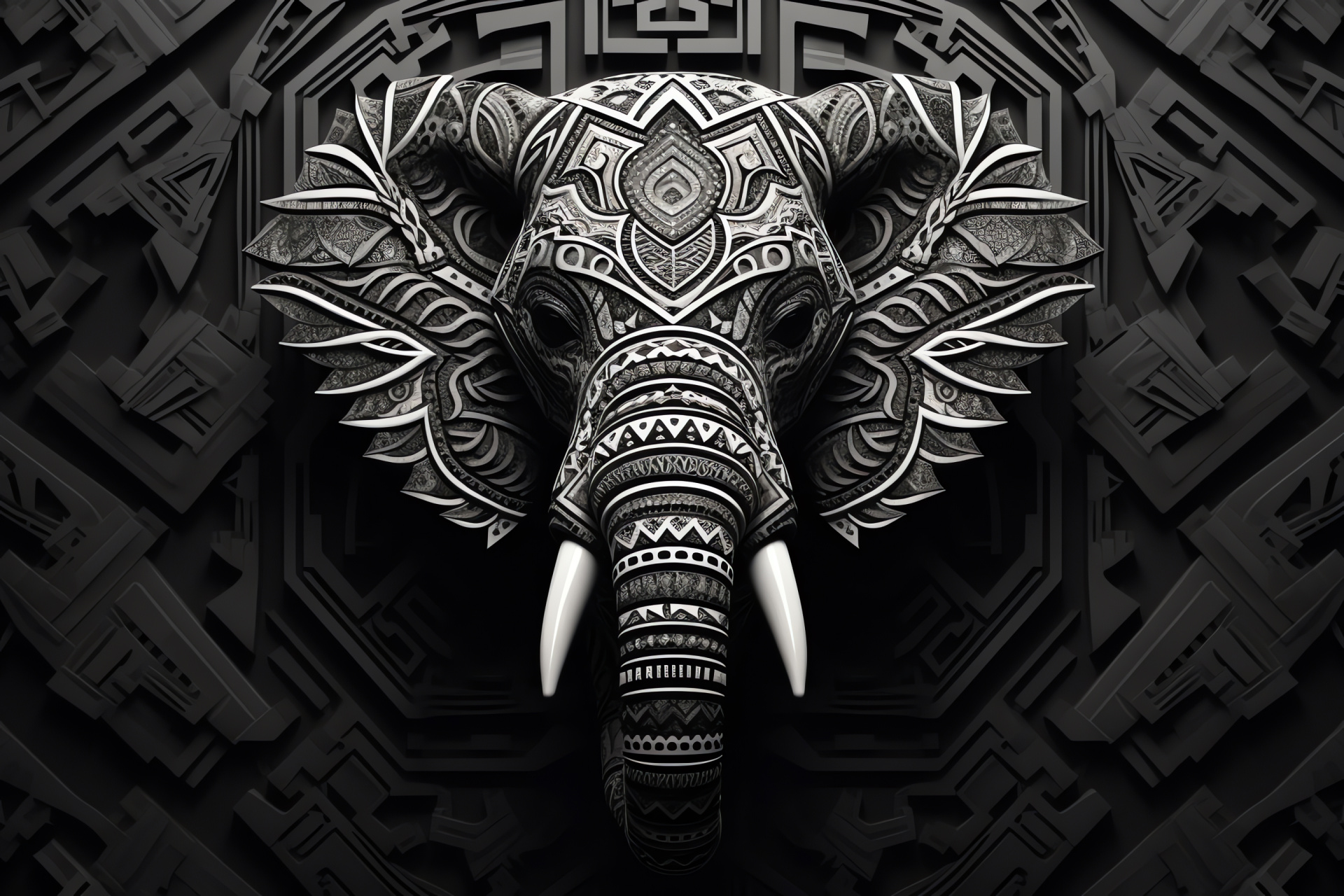 Tribal Elephant, artistic interpretation, textured backdrop, imposing proboscis, natural tones, HD Desktop Wallpaper