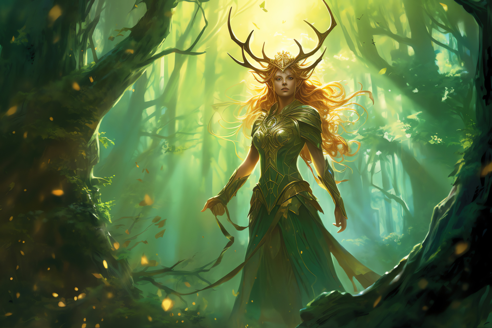 MTG Nissa Revane, Planeswalker character, Serenity of nature, Lush forestry surroundings, Magic The Gathering, HD Desktop Image