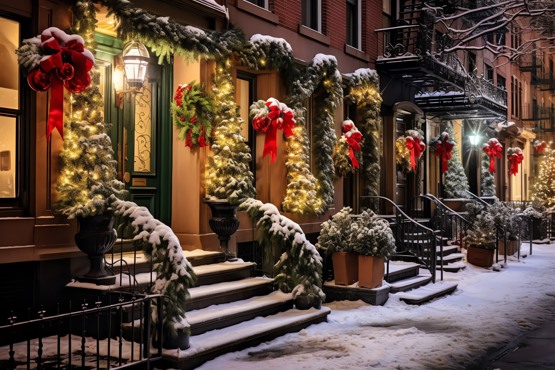 Village Yuletide charm, historic brownstones, festive tunes, holiday traditions, winter wreaths, HD Desktop Wallpaper