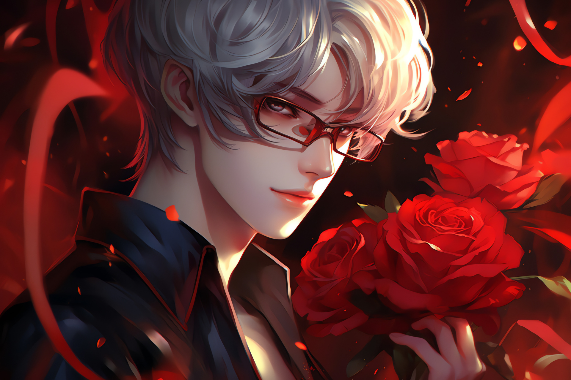 Zen in Mystic Messenger, Magnetic sharp gaze, Romantic red flowers, Digital romance adventure, Dynamic color scheme, HD Desktop Wallpaper