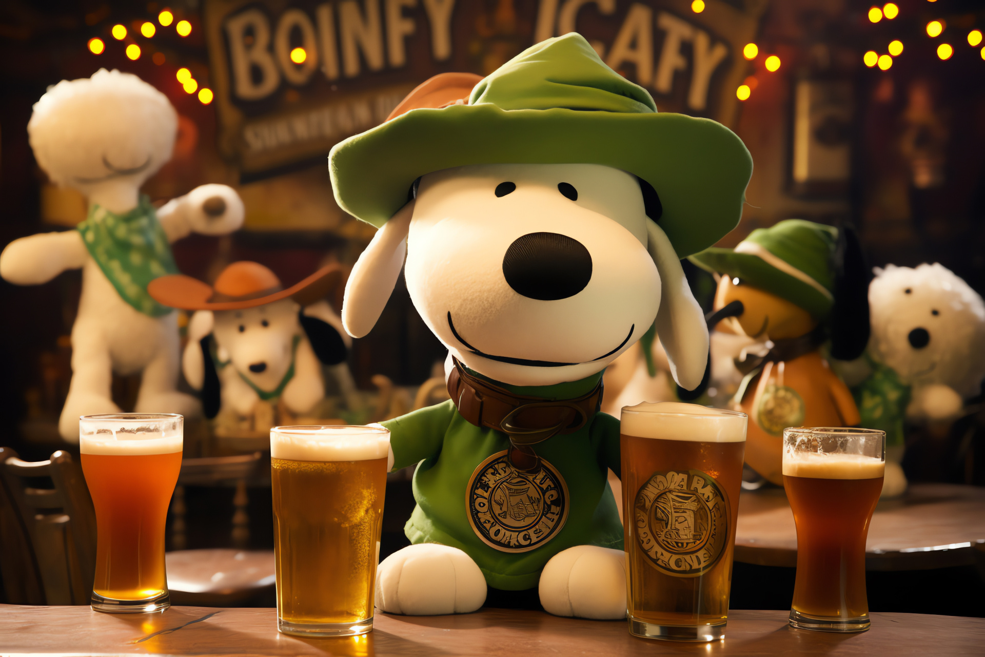 Snoopy celebration, Gaelic pub, verdant top hats, frothy drinks, beer pints, HD Desktop Wallpaper