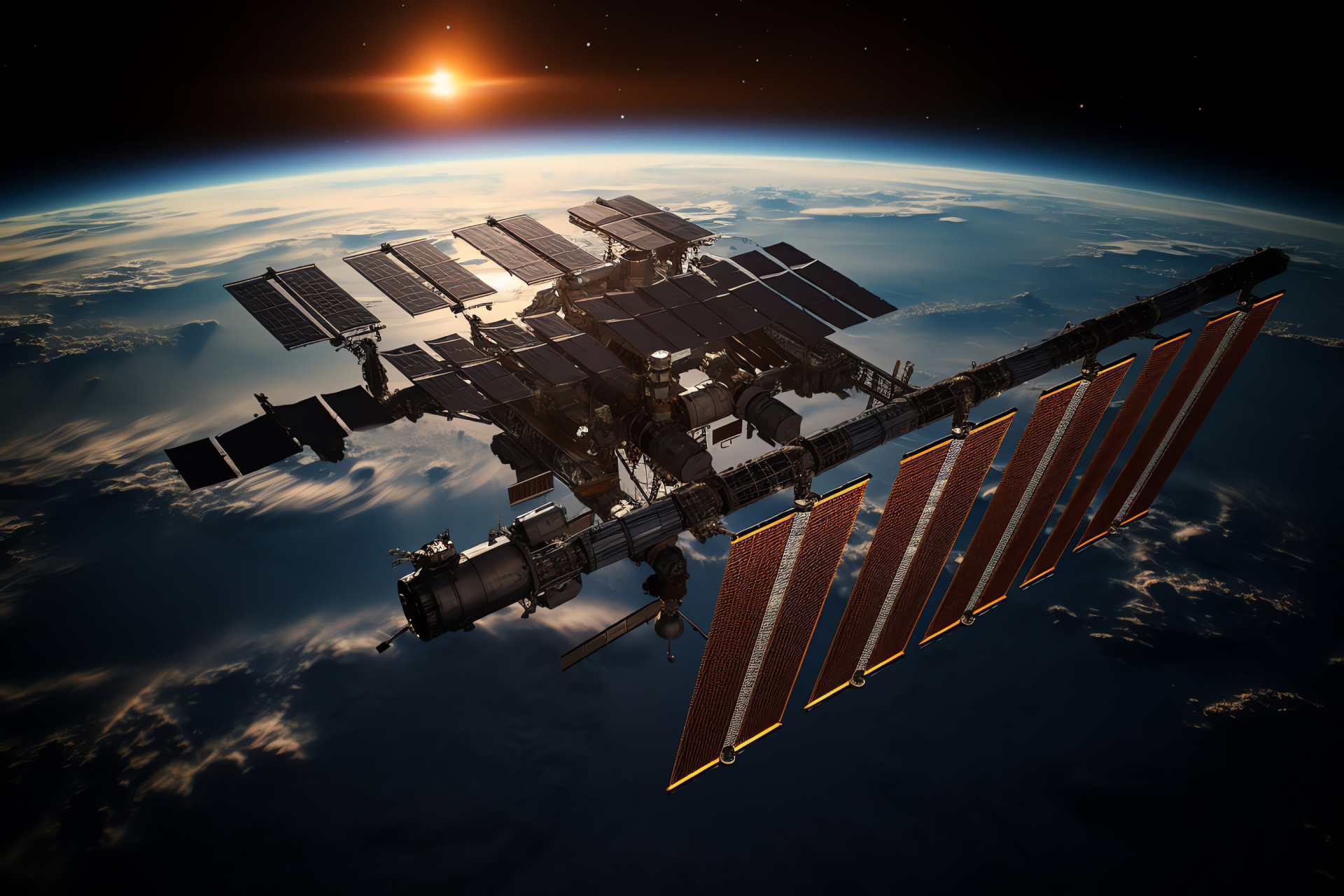 ISS solar energy arrays, Space exploration base, Photovoltaic technology, Earth observation outpost, Science modules advance, HD Desktop Image