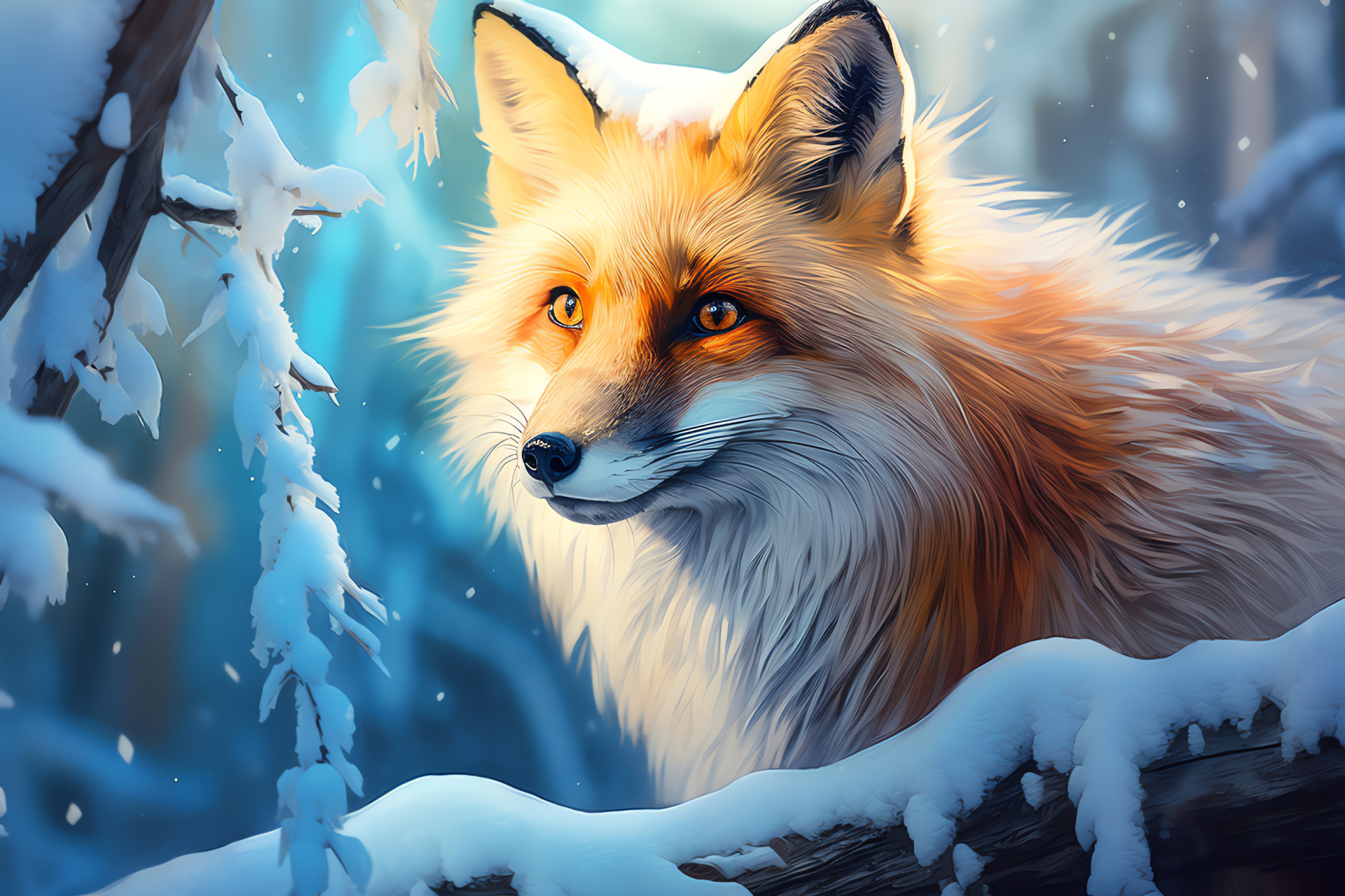 Vulpine snow scene, Auburn draping, Ethereal eyes, Wintry arboreal, Frosted environment, HD Desktop Image