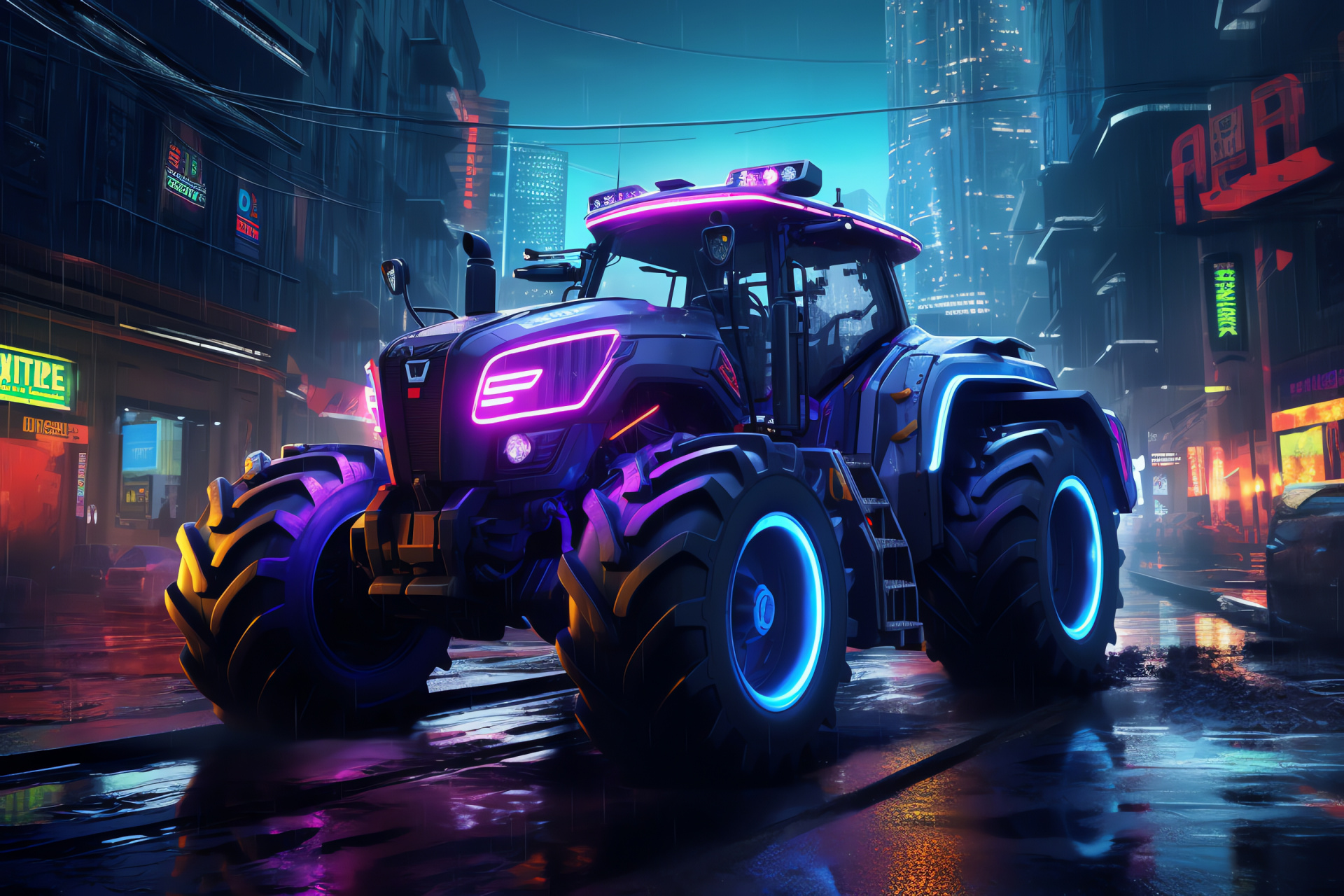 New Holland T9.700, SmartTrax technology, Urban farming, Cityscape backdrop, Advanced agriculture, HD Desktop Wallpaper