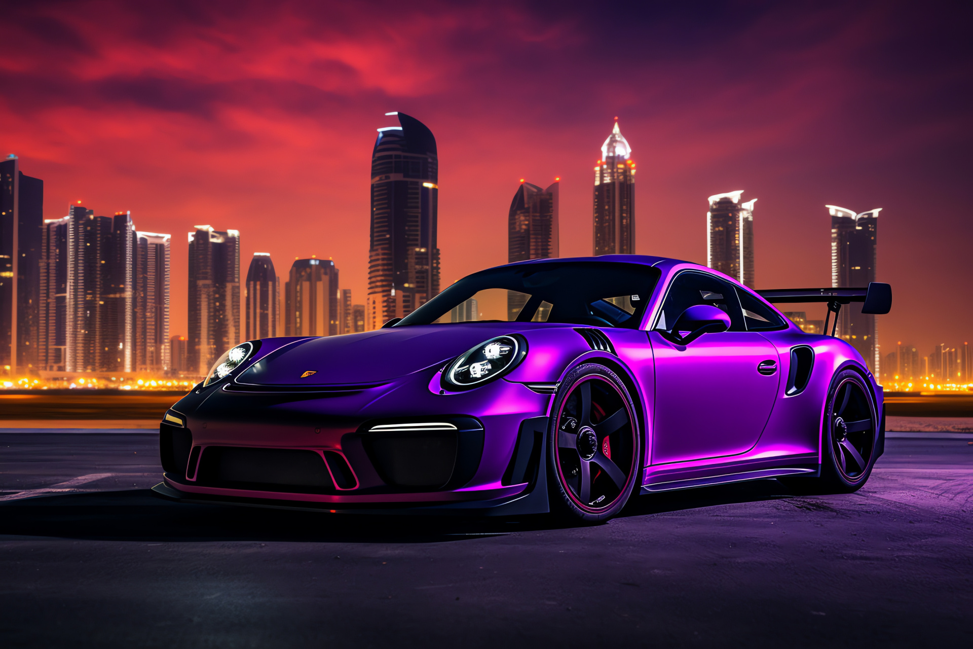 Porsche 911 GT3 RS, Dubai scenery, Modern cityscape, Luxury lifestyles, High-performance track car, HD Desktop Wallpaper