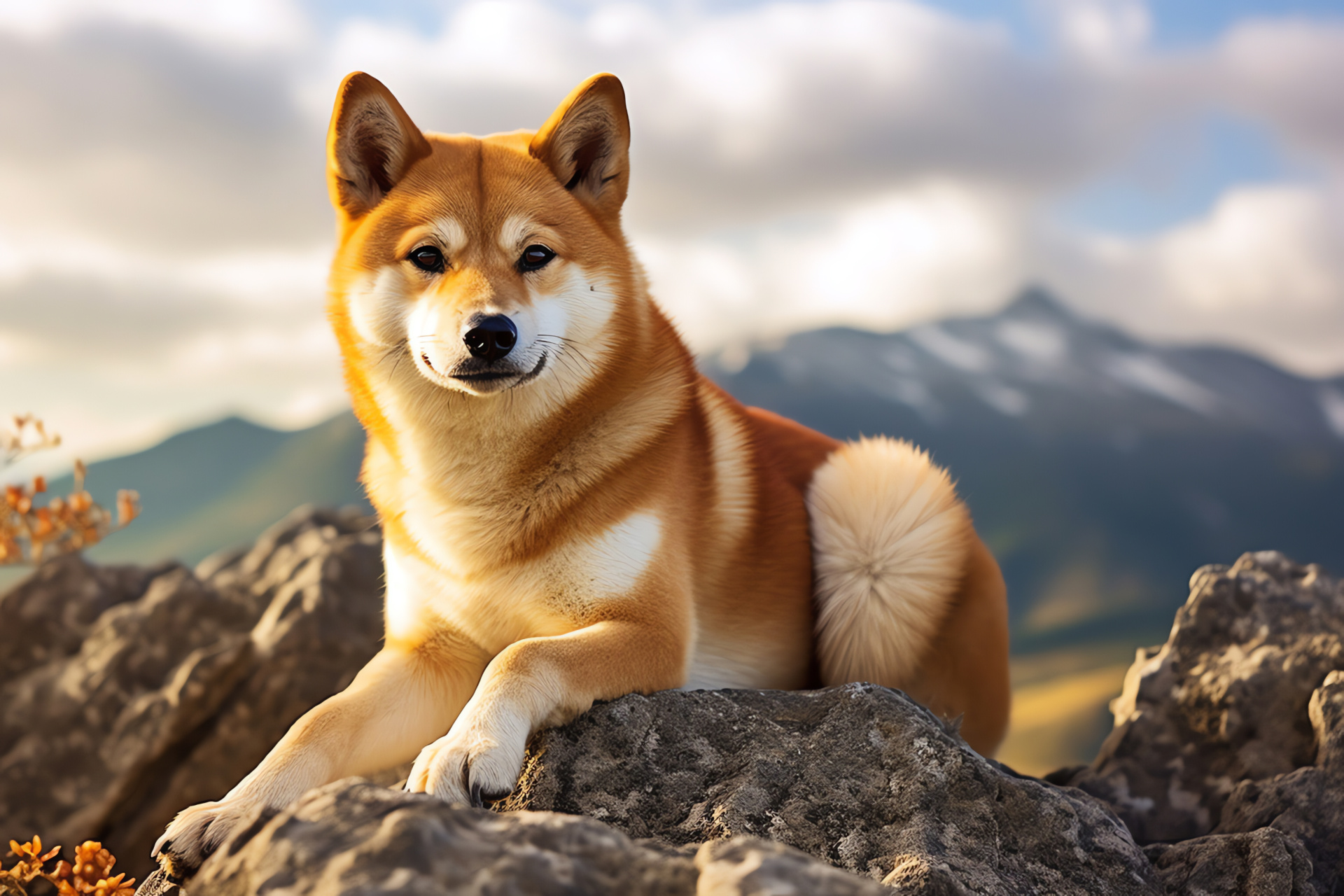 Elderly Shiba Inu, Serene gaze, Off-white fur coat, Rugged environment, Serene mountain tableau, HD Desktop Wallpaper