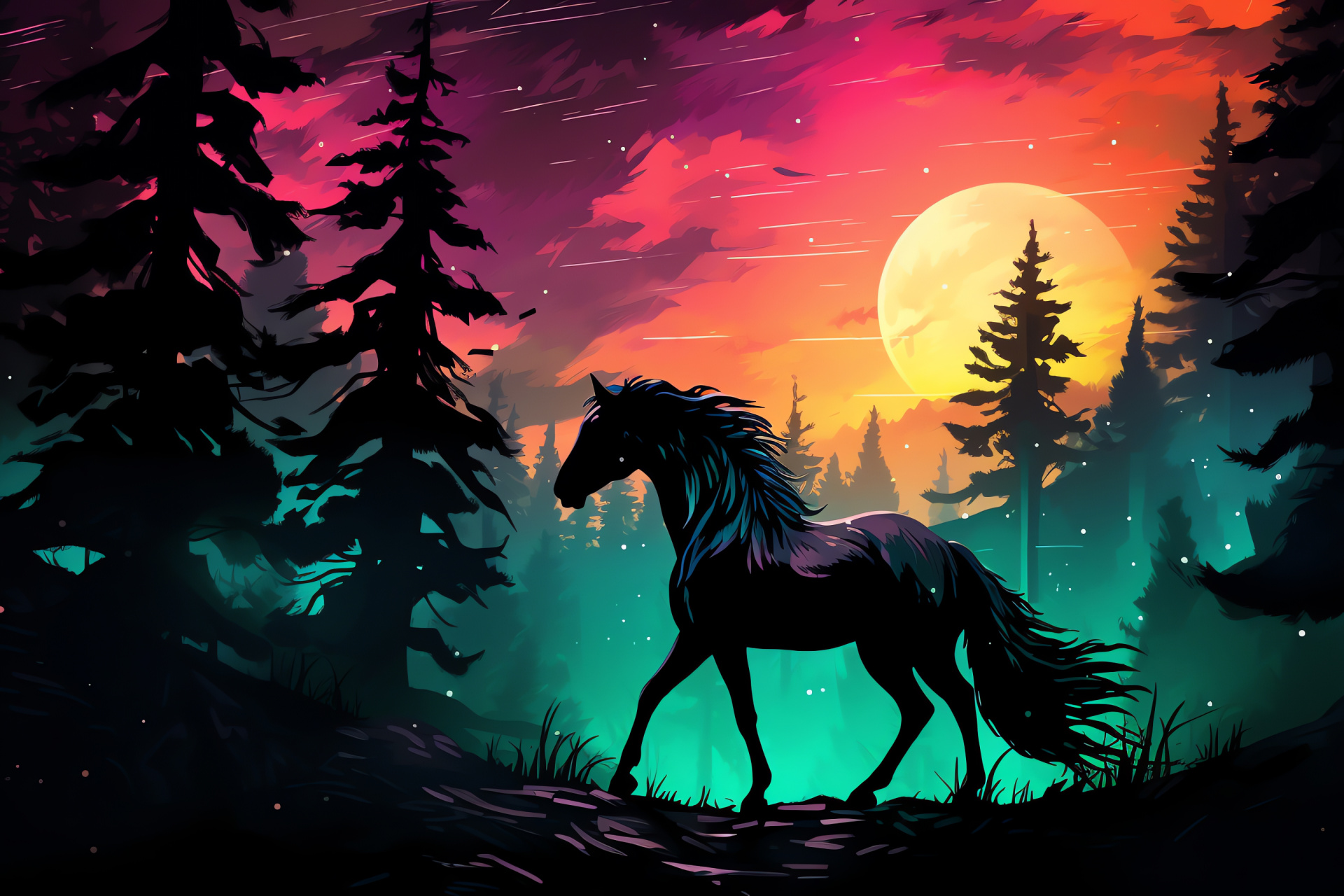 Wild Horse, Nighttime equine, Silhouetted mane, Untamed stallion, Equine silhouette, HD Desktop Wallpaper