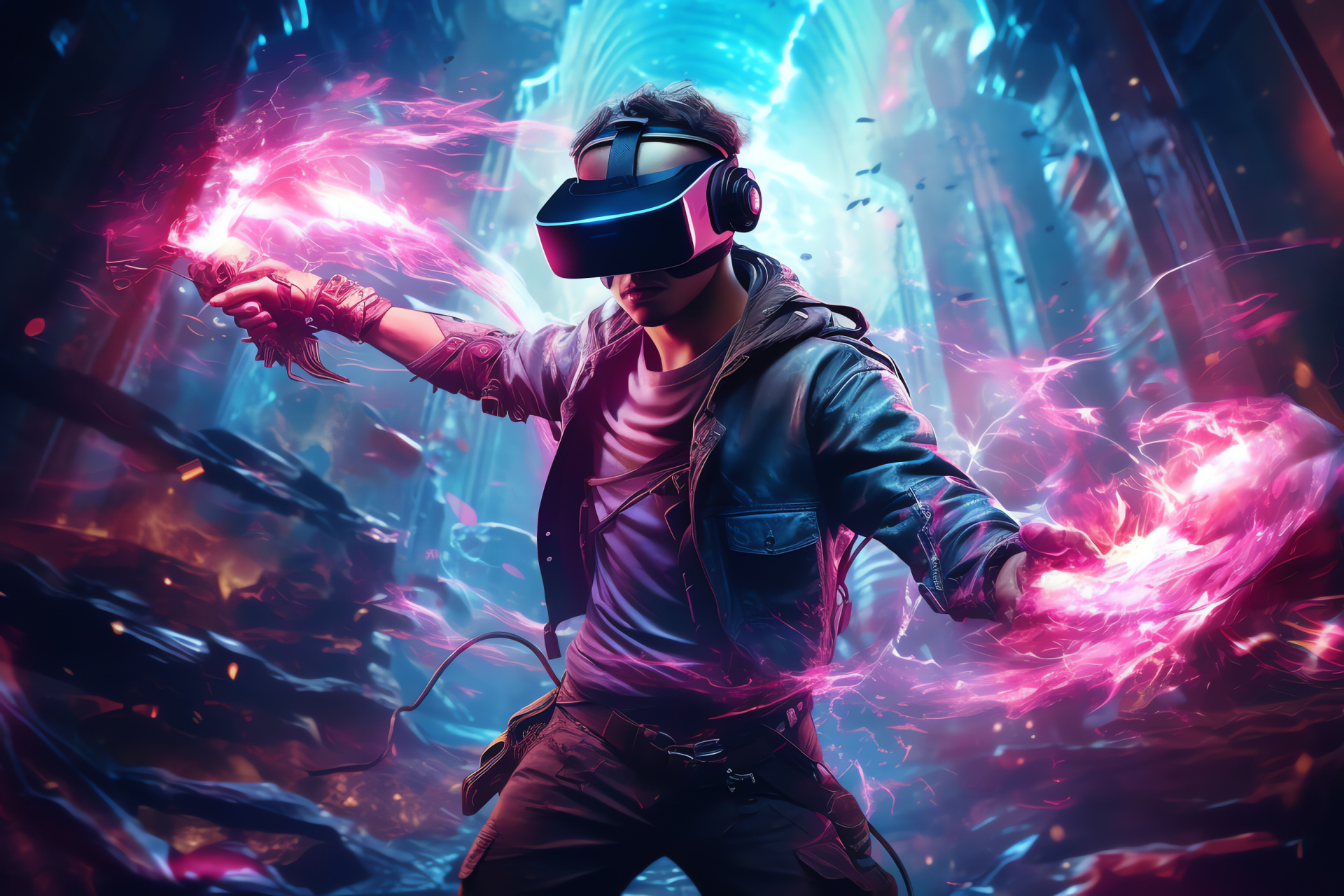 PC Gamer experience, virtual reality game immersion, headset technology, haptic gloves interaction, fantasy realm escape, HD Desktop Image