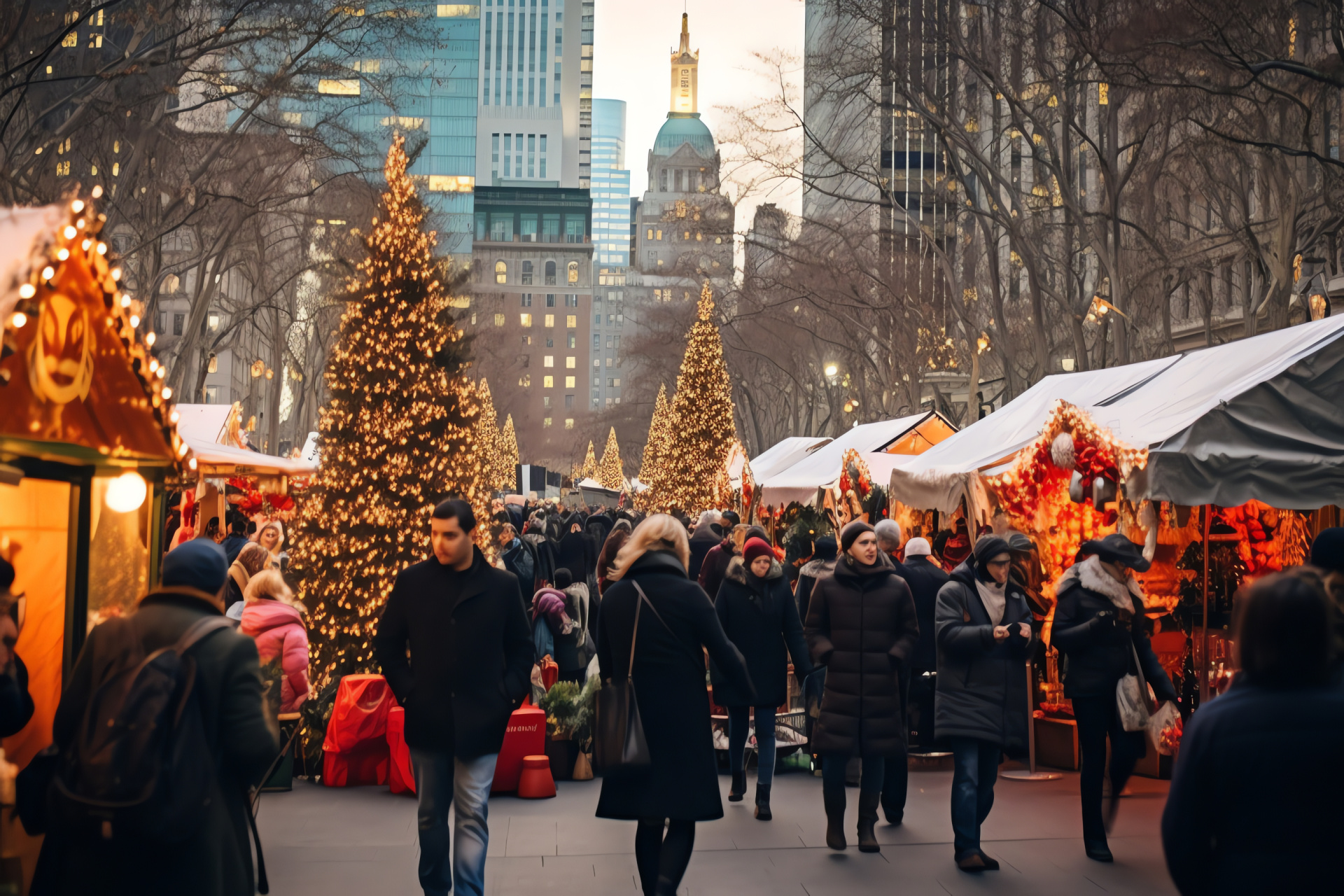 Manhattan winter bazaar, artisan market booths, seasonal treats, city square garnished in festal flair, HD Desktop Image