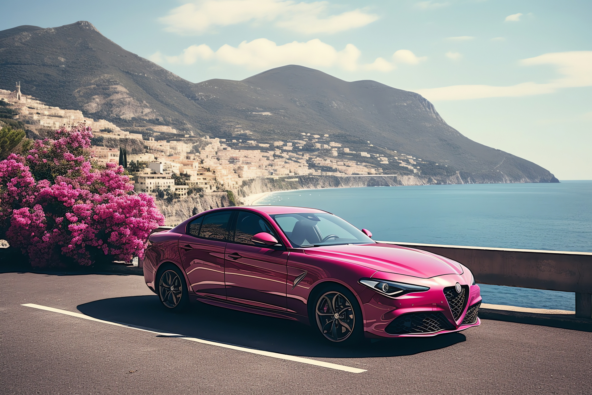 Alfa Romeo Giulia, Amalfi Coast drive, Italian luxury car, Scenic coastal tour, Picturesque settings, HD Desktop Wallpaper