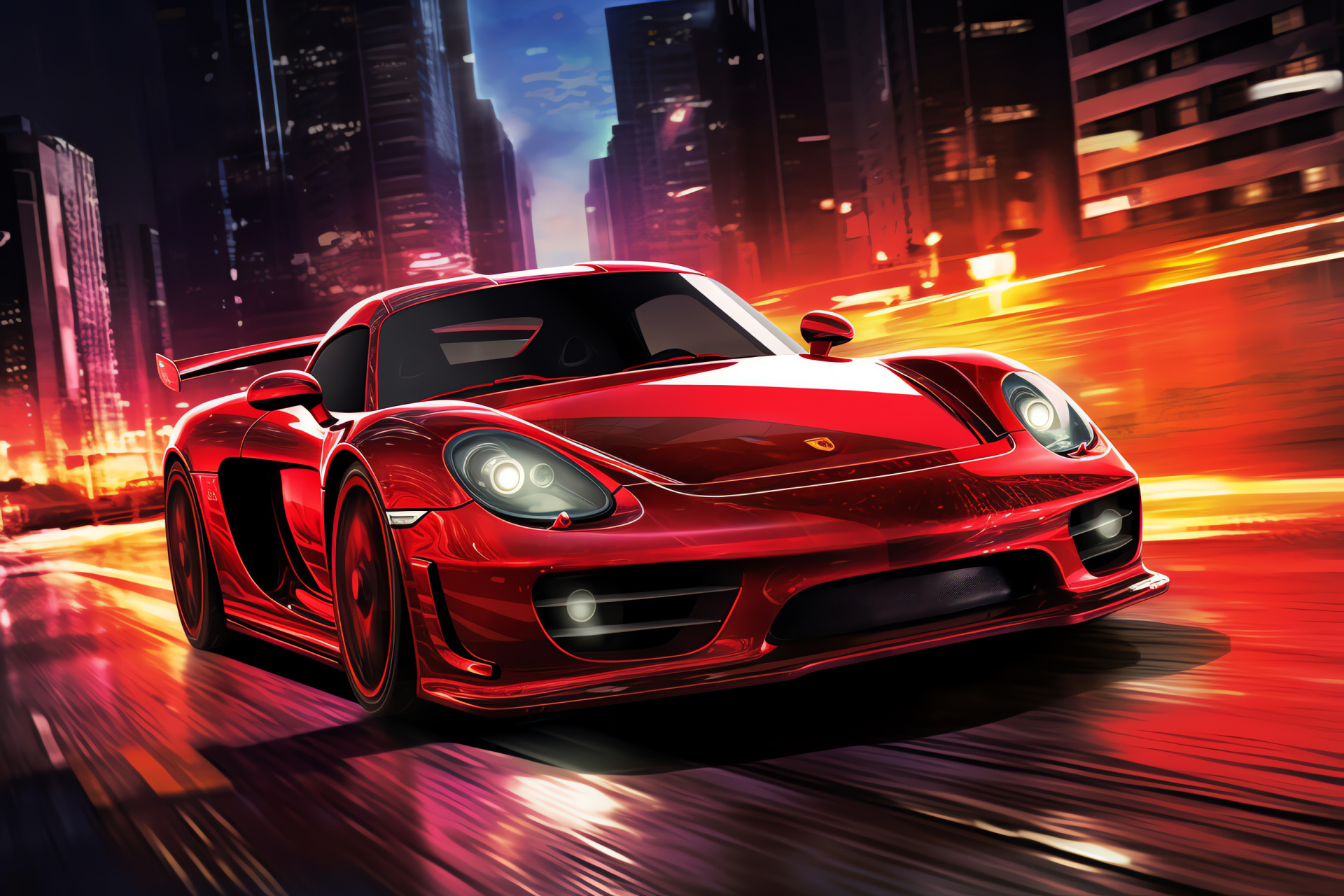 NFS Most Wanted exotic car, Porsche Carrera GT model, urban chase scene, crimson finish, adrenaline surge, HD Desktop Image
