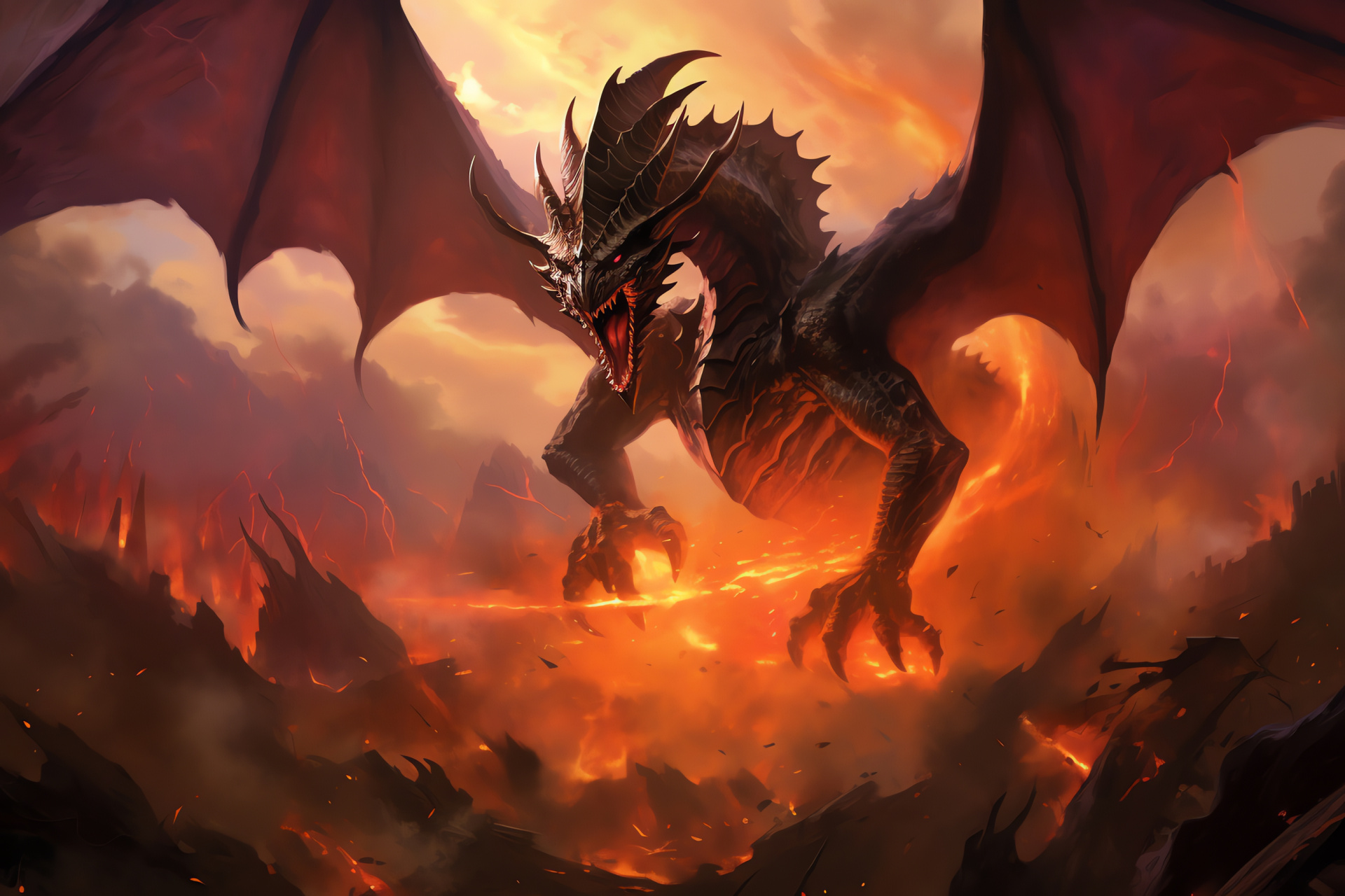MTG battle scene, Nicol Bolas confrontation, Winged terror, Conflagrated war zone, HD Desktop Image
