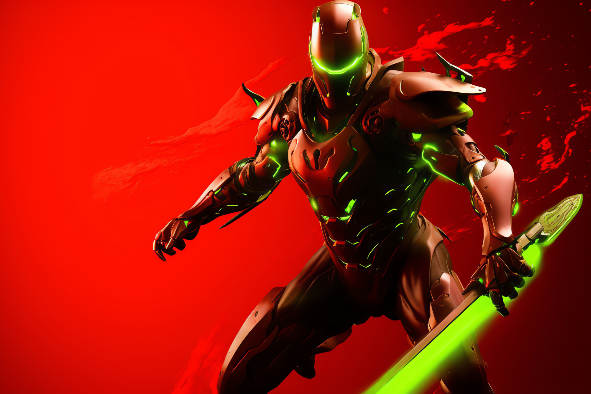 Overwatch Genji, Cyborg features, Luminous oculars, Samurai sword, Panoramic shot, HD Desktop Wallpaper