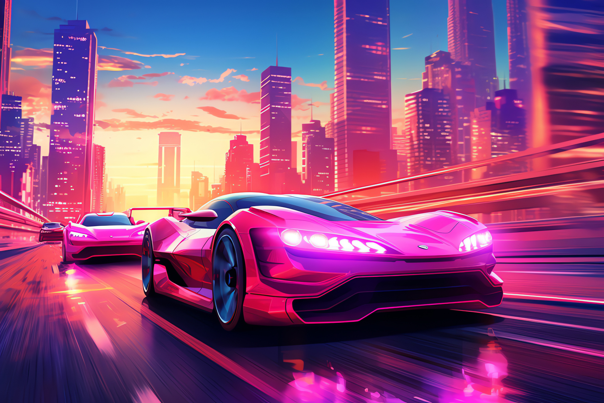 Pink hovercar, futuristic metropolis, cutting-edge cityscape, neon illumination, urban vibrancy, HD Desktop Image