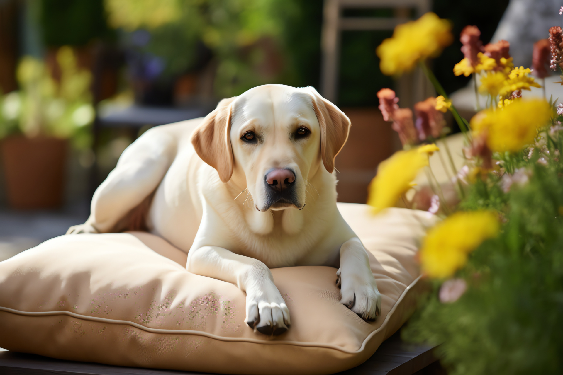 Eased Labrador Retriever, blissful animal's face, light hued fur, garden peace, animal comfort zone, HD Desktop Image