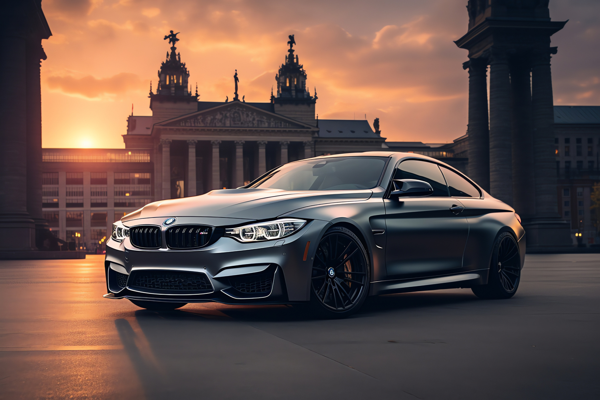 BMW M4 Coupe, Berlin cityscape, German engineering, Architectural icons, Monochrome palette, HD Desktop Wallpaper