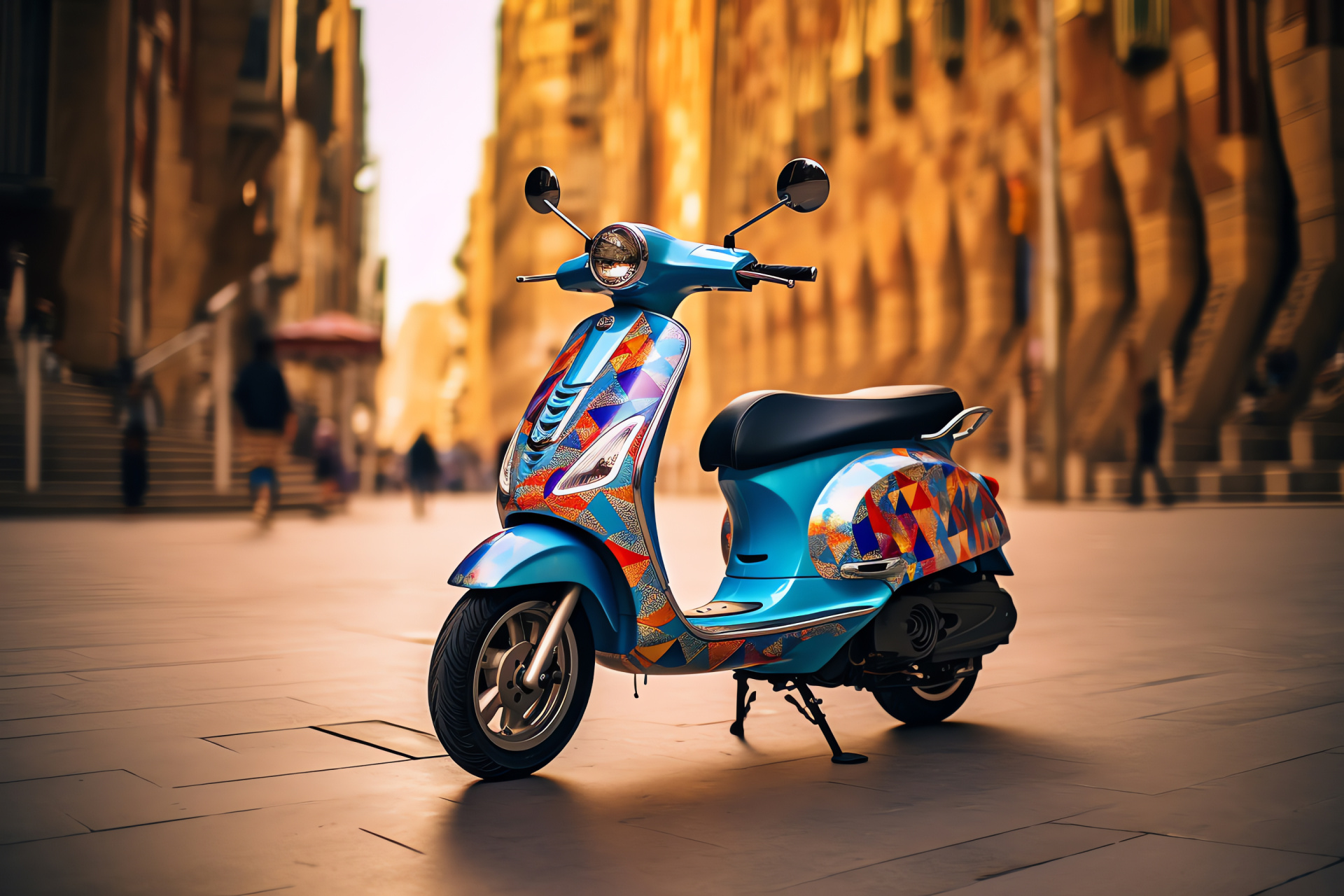 Vespa Sprint 150, Spanish urban elegance, Gaud's masterwork proximity, Scooter lifestyle, Artistic urban mobility, HD Desktop Image