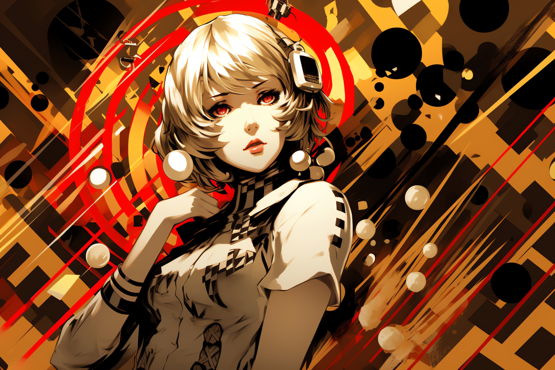 Persona 3 character Aigis, aureate gaze, inquisitive demeanor, ornithological cage, abstract motifs, HD Desktop Wallpaper
