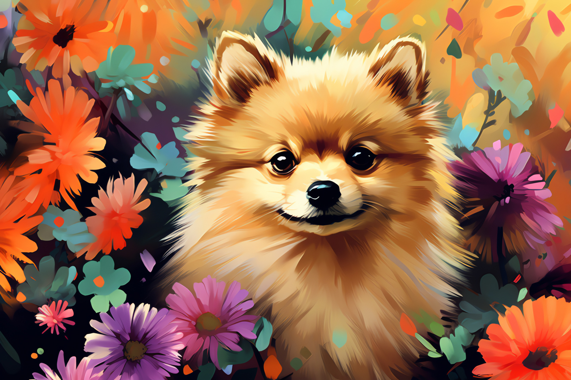 Pomeranian puppy, fluffy fur, animal curiosity, flowery setting, colorful photography, HD Desktop Wallpaper