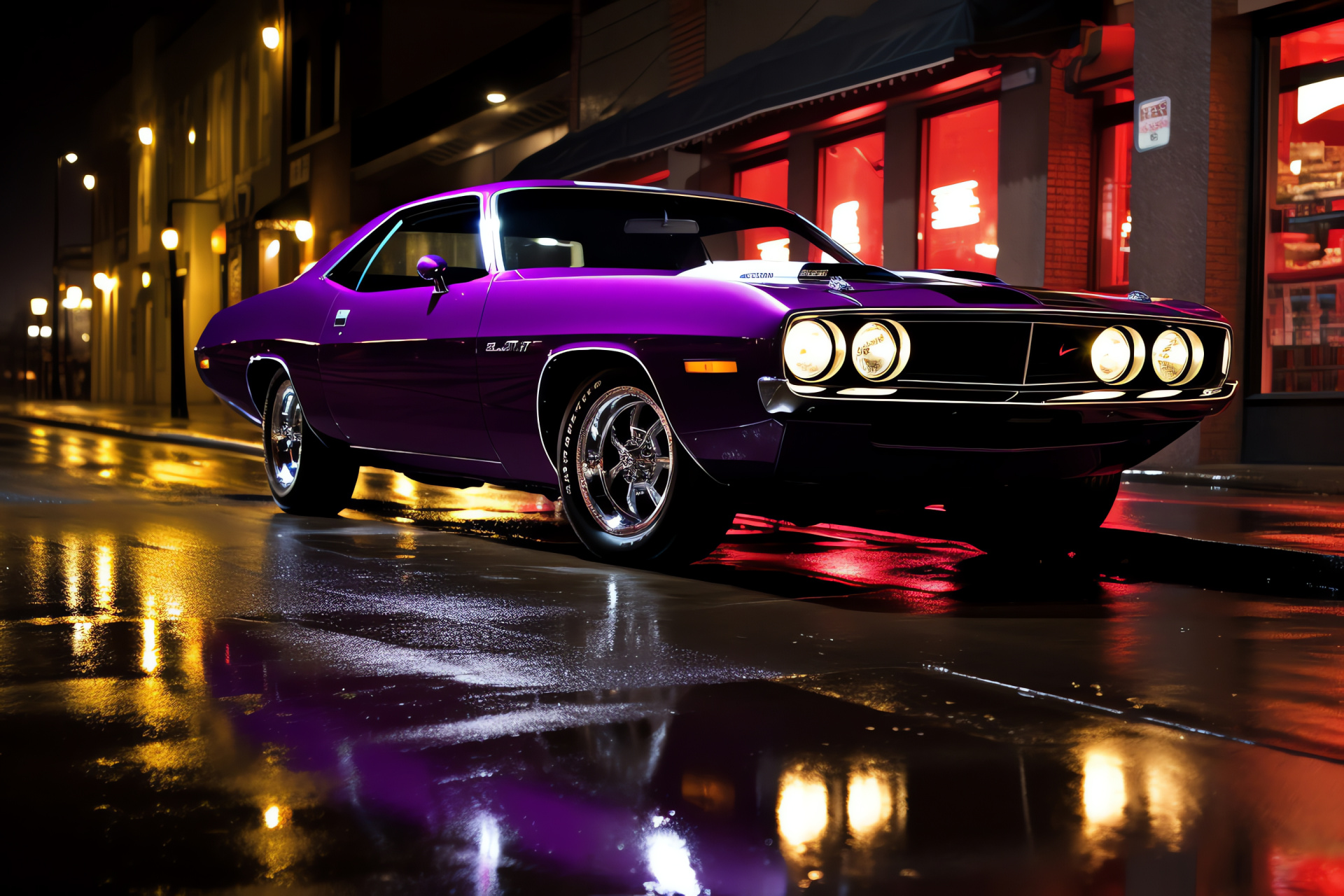 Hemi 'Cuda 426, Classic car enthusiast's dream, Neon-lit streets, Retro vibe, Shiny purple appeal, HD Desktop Wallpaper