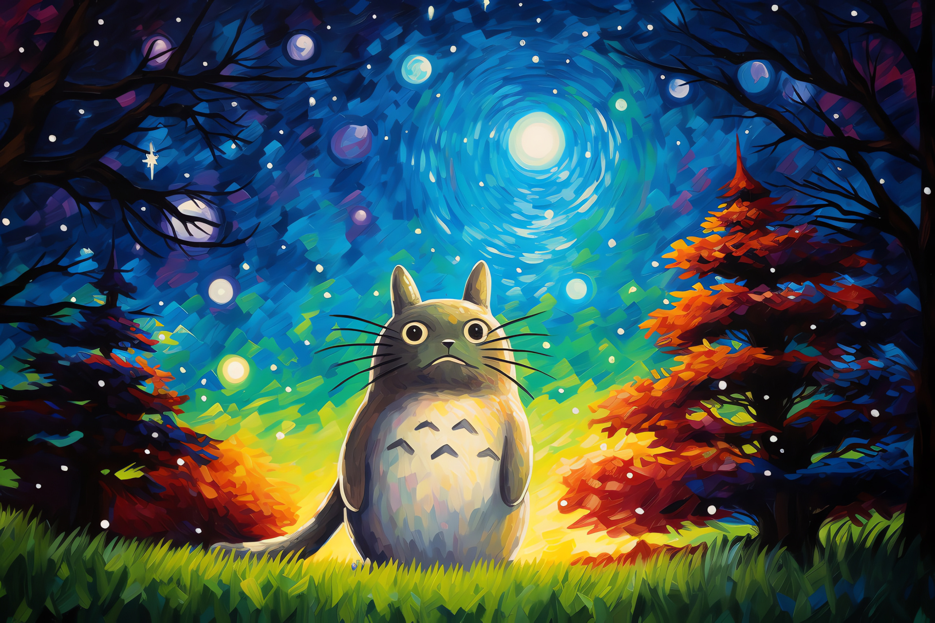 Totoro under the stars, Animation feature Totoro, Catbus illustration, Night sky fantasy, Moon in anime, HD Desktop Image