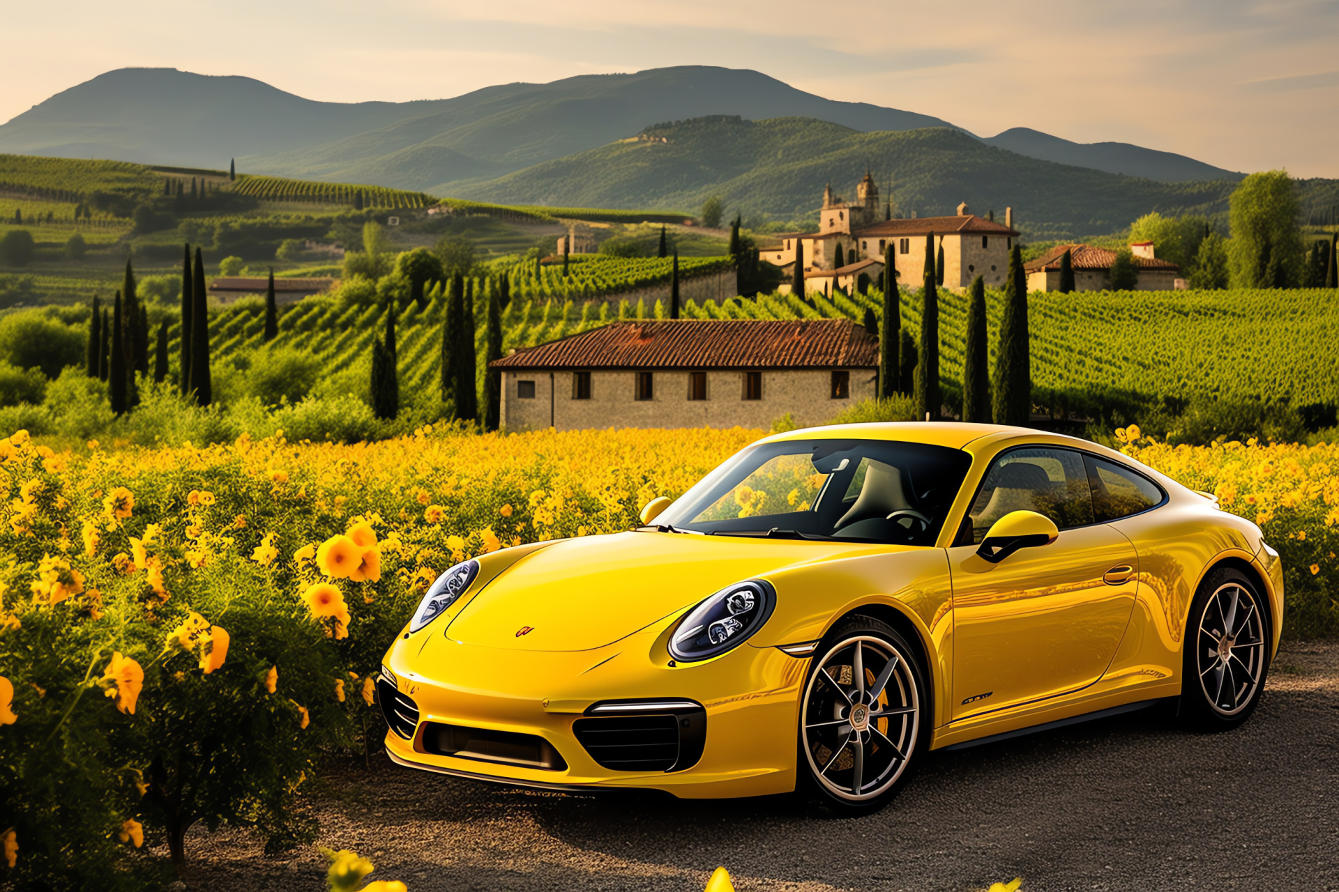 Italian countryside, Porsche GT3 Touring adventure, Picturesque landscapes, Cultivations scenery, Vineyard surroundings, HD Desktop Image