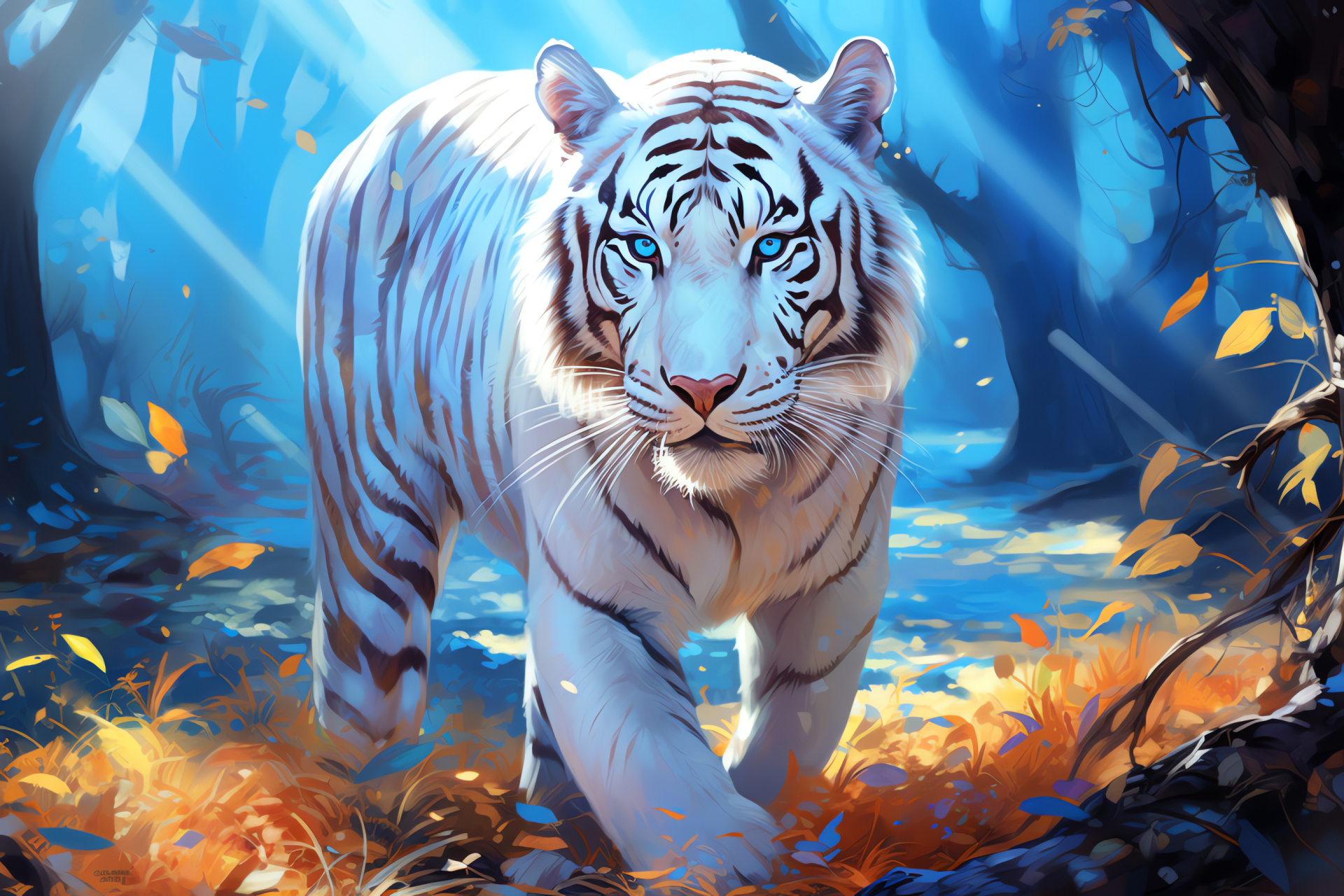 White Bengal Tiger, deep sapphire gaze, sleek pelt, snow-like fur, obsidian striping, HD Desktop Wallpaper