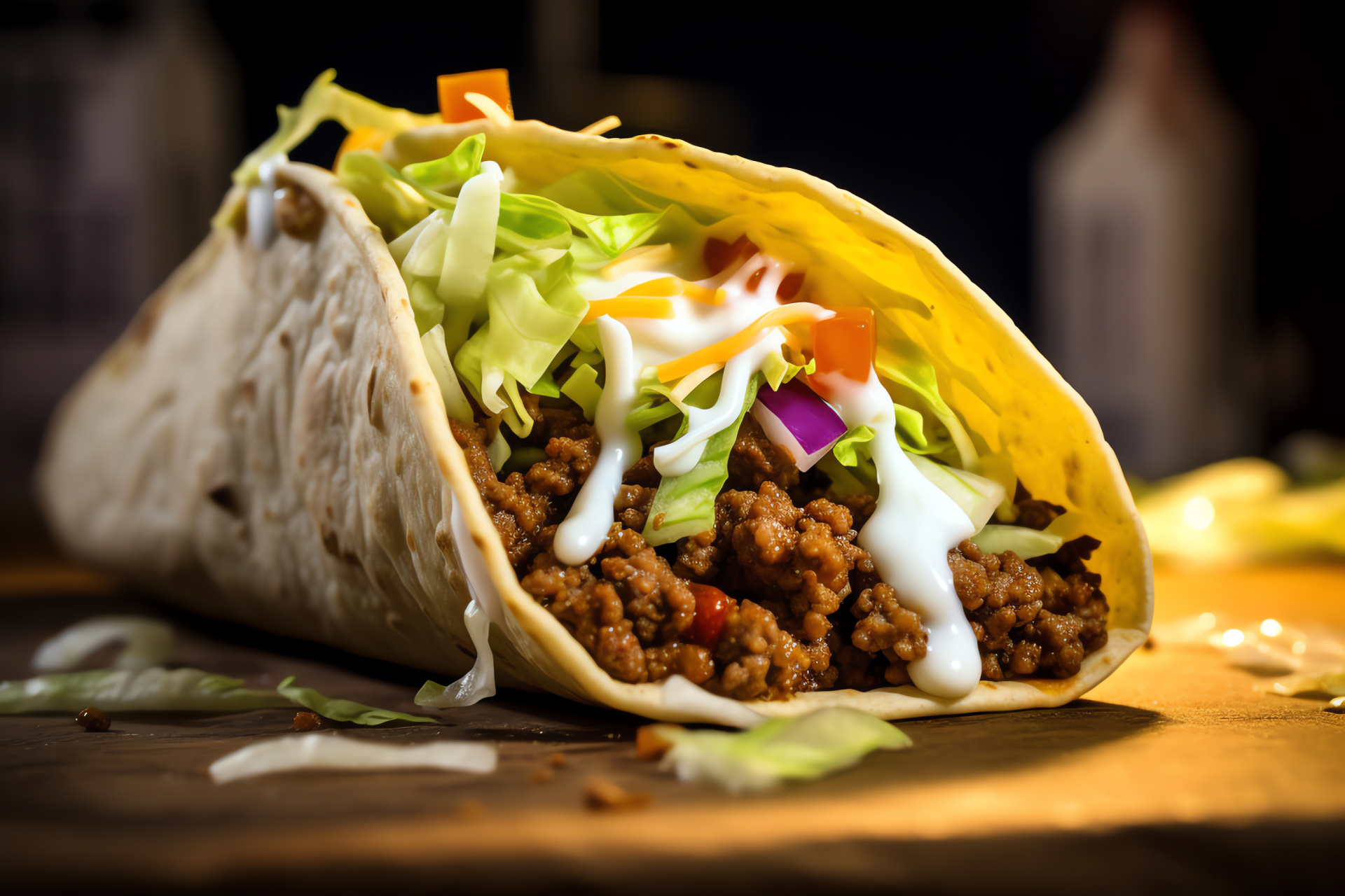 Taco Bell menu item, crispy shell, meat filling, fresh toppings, dairy topping, HD Desktop Image