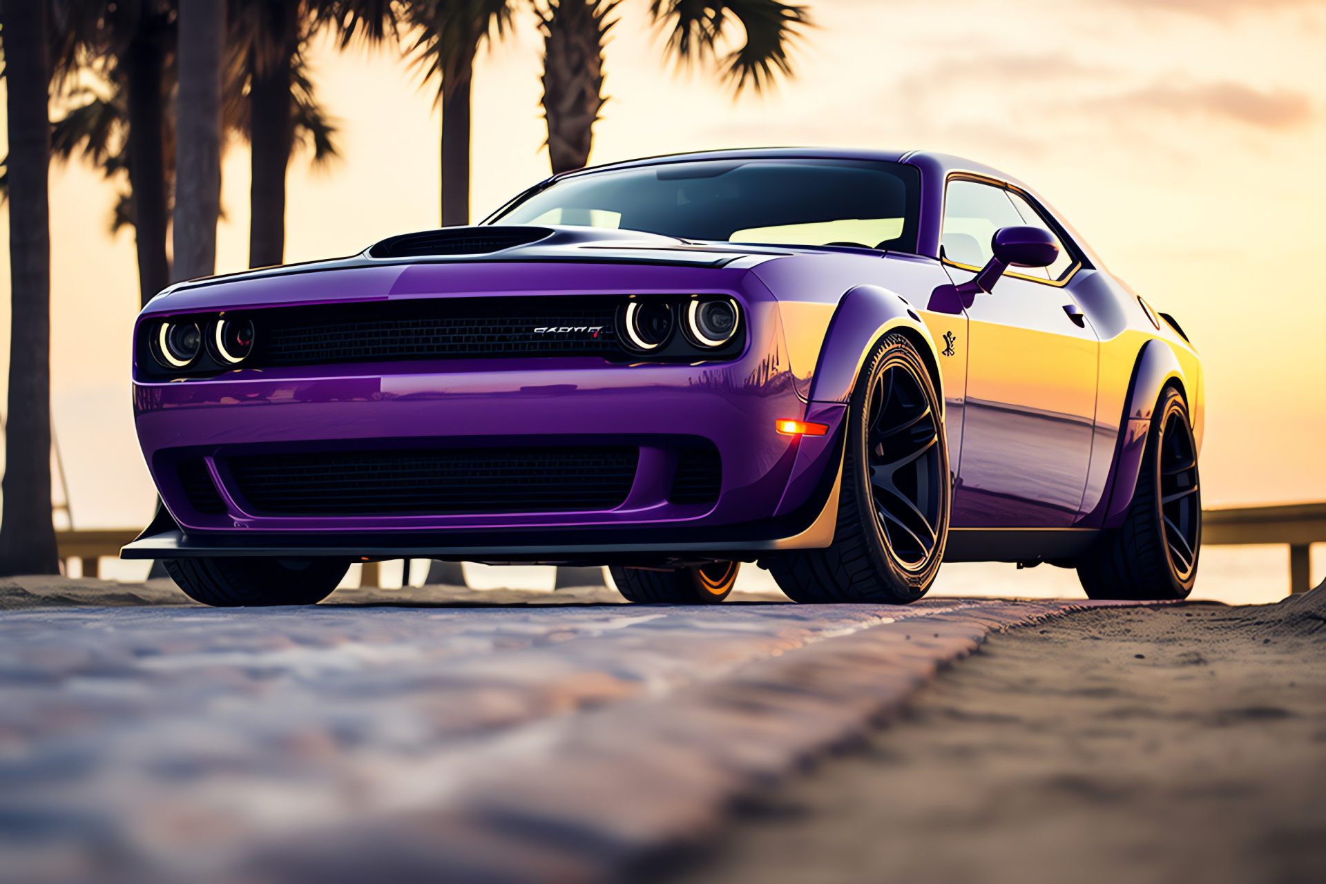 Dodge Challenger SRT Hellcat, Widebody Daytona presence, Beachfront car spectacle, Muscular styling cues, Performance grille prominence, HD Desktop Wallpaper
