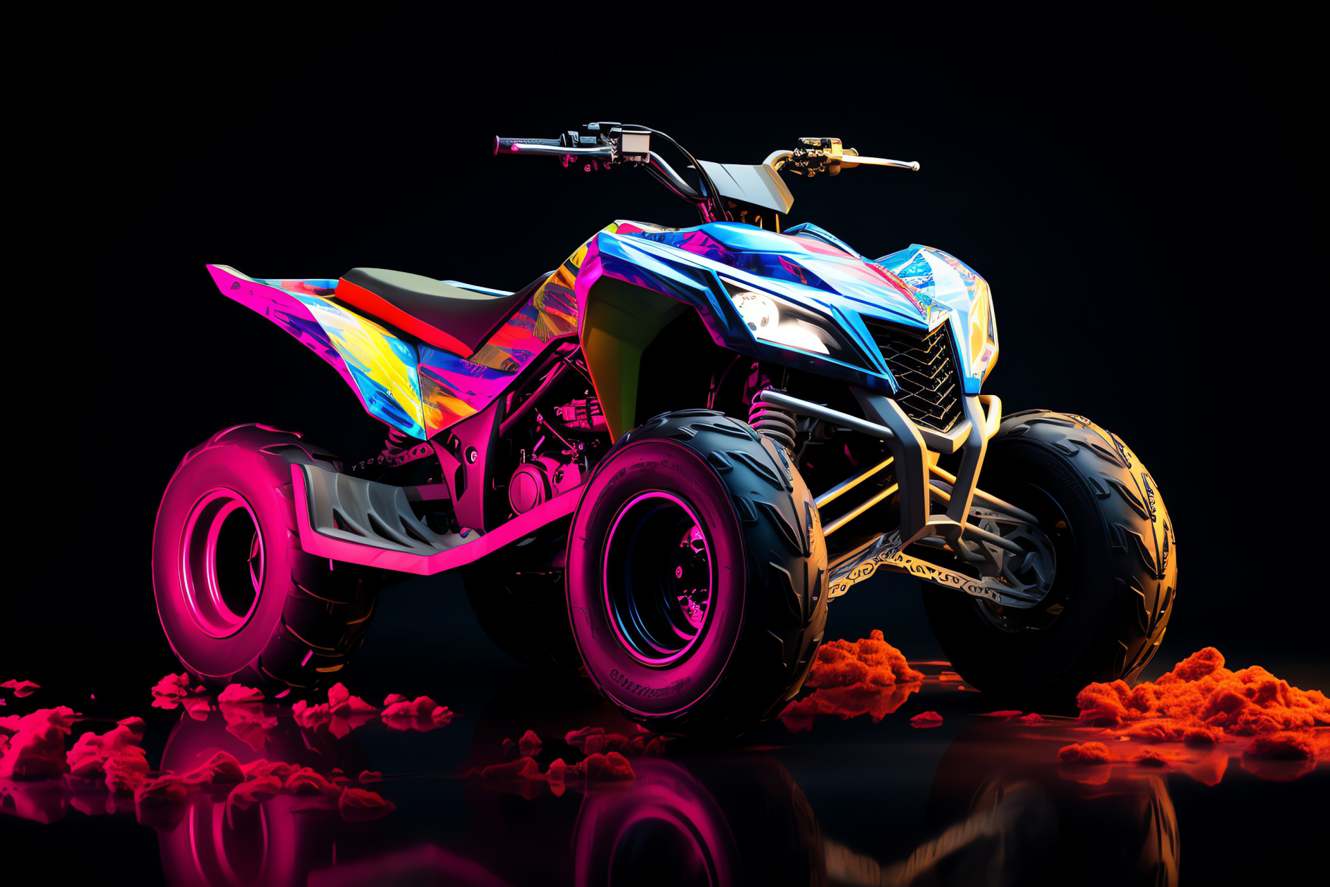 Raptor 700 quad, Multicolor backdrop spectrum, Prominent neon aesthetic, Light play, ATV showcase, HD Desktop Wallpaper