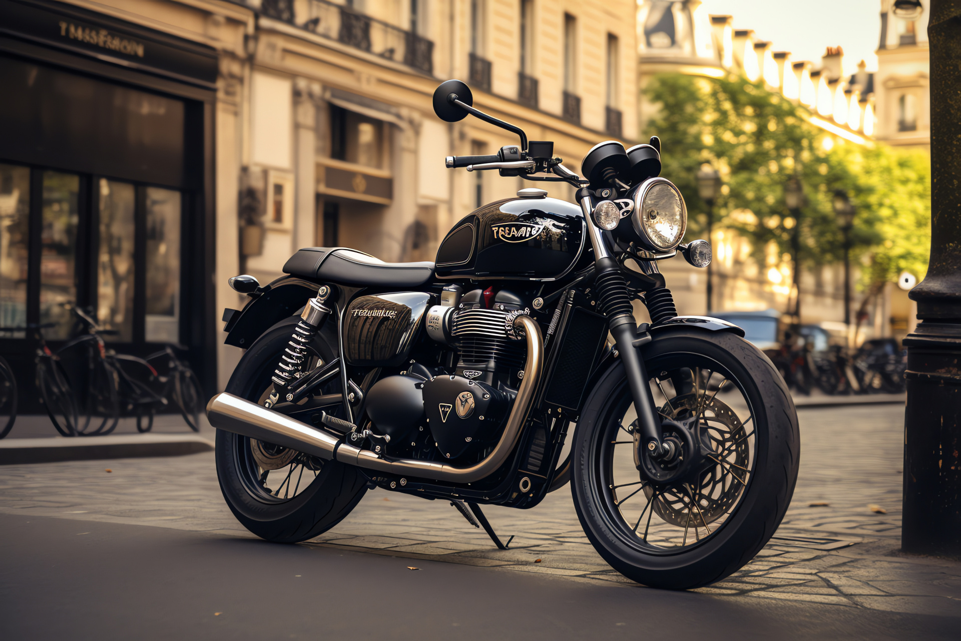 Triumph T100 Black in Paris, French capital journey, Premium dark motorcycle, Triumphs elegant lineage, Parisian architectural beauty, HD Desktop Image