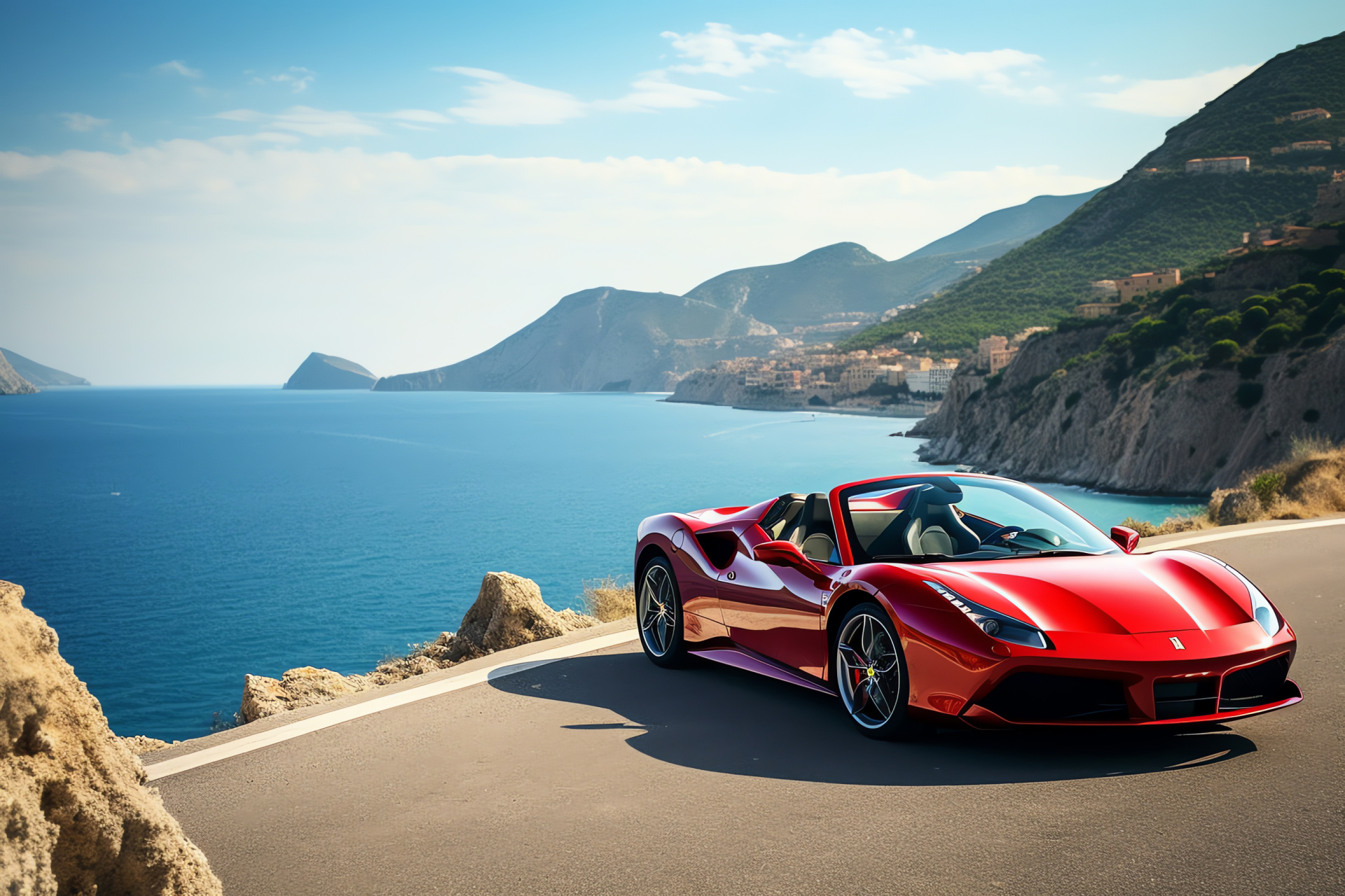 Ferrari 488 Spider, Italian speedster, Amalfi coastal drive, Mediterranean charm, Performance and luxury, HD Desktop Image