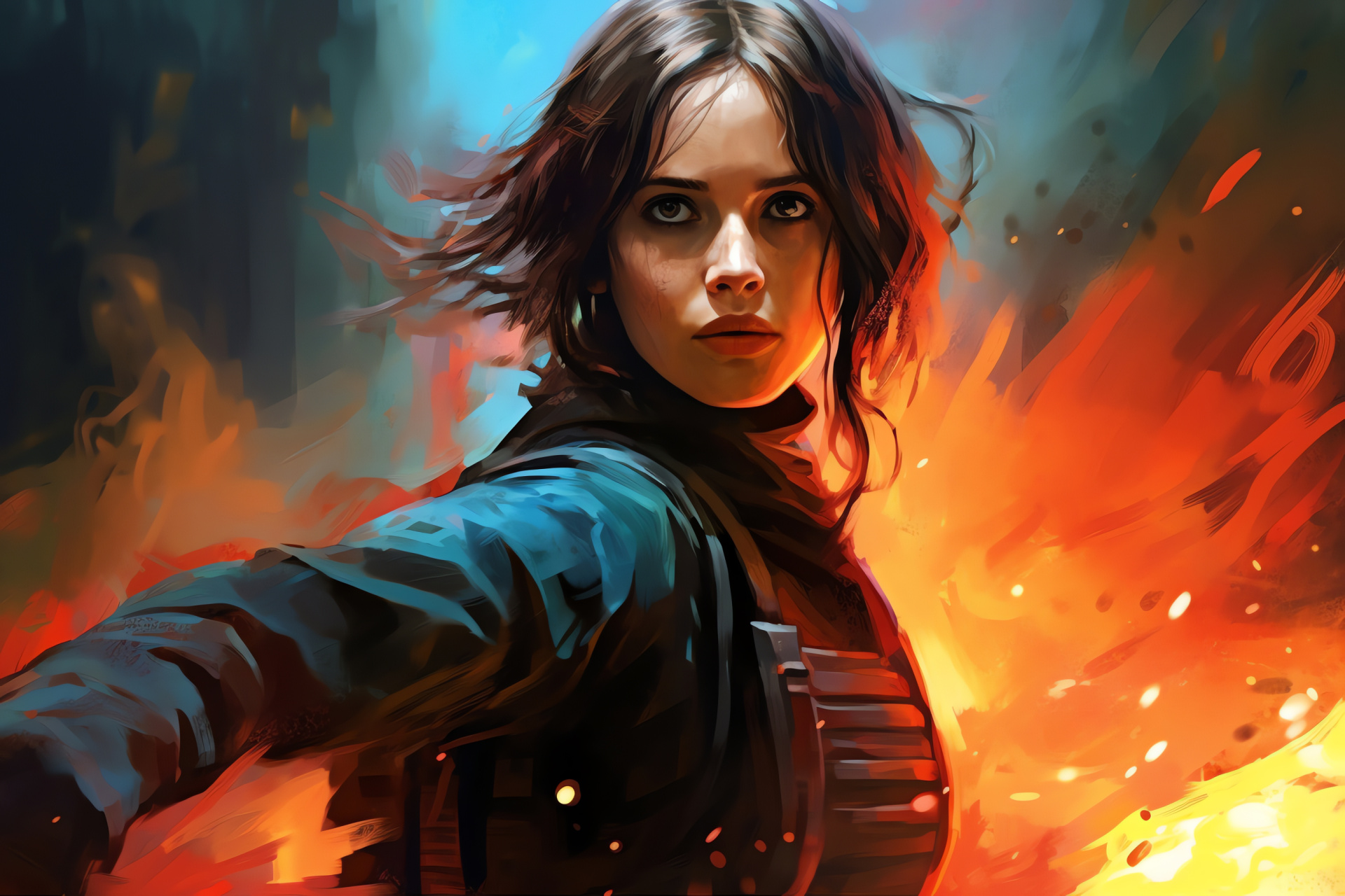 Jyn Erso, Galactic conflict, Rebel mission, Stormtrooper encounter, Sci-Fi combat, HD Desktop Image