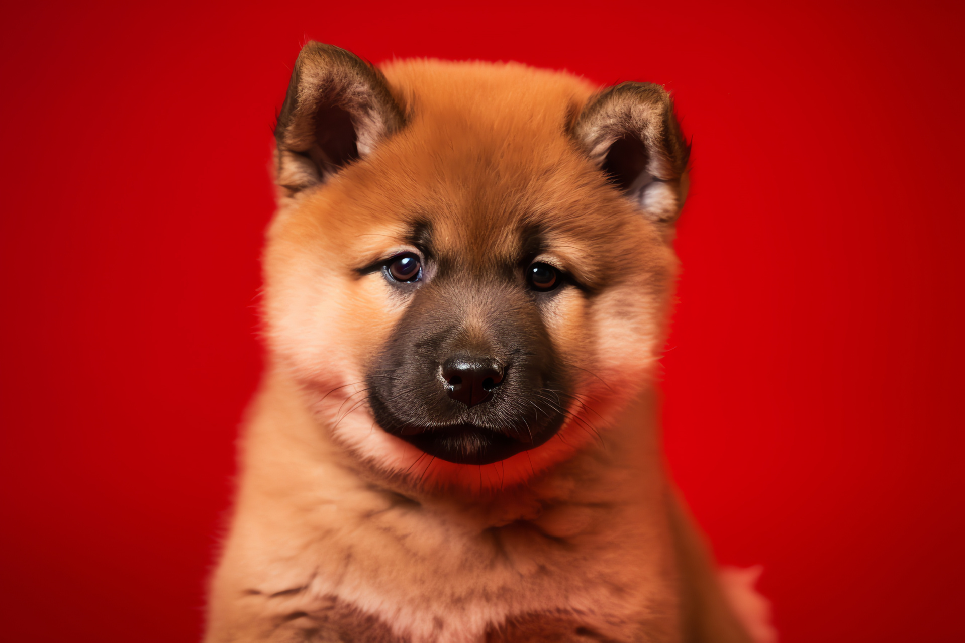 Akita puppies, thick coat, red background, luxurious fur, wide frame, HD Desktop Image