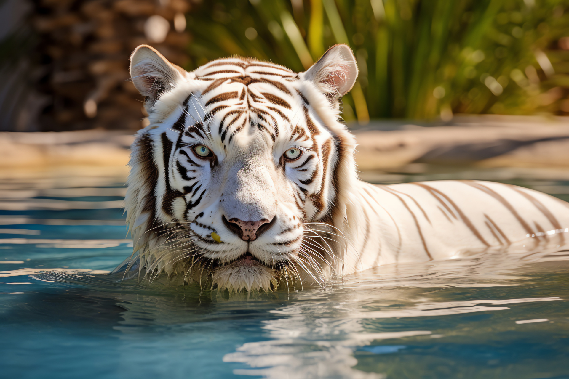 White Bengal Tiger, feline gaze, wild felid, serene waters, lush environment, HD Desktop Wallpaper