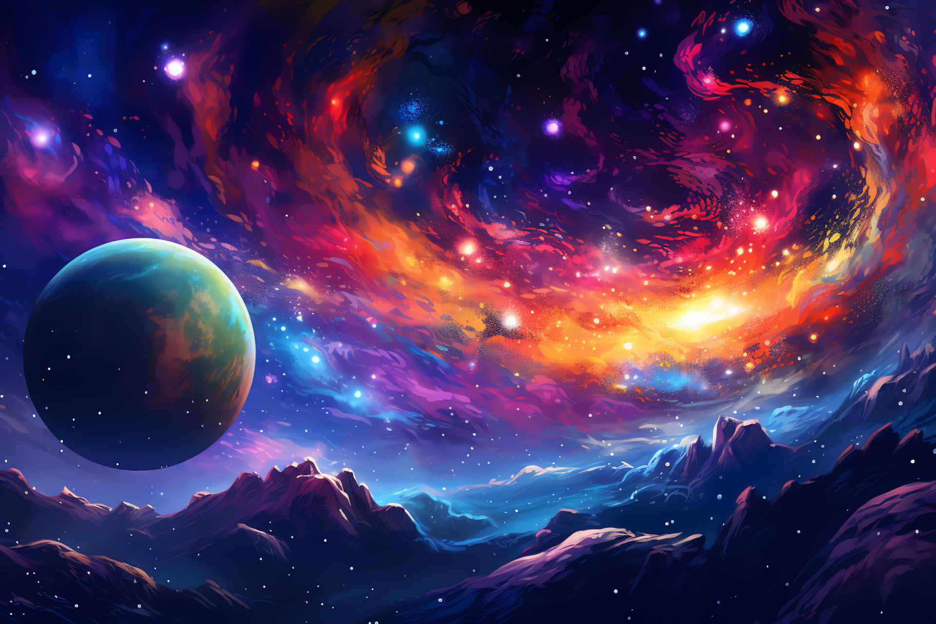 Mythical planetary body, Arcadia cosmic phenomenon, Intense galactic spectrum, Astral color burst, Vibrational light waves, HD Desktop Wallpaper