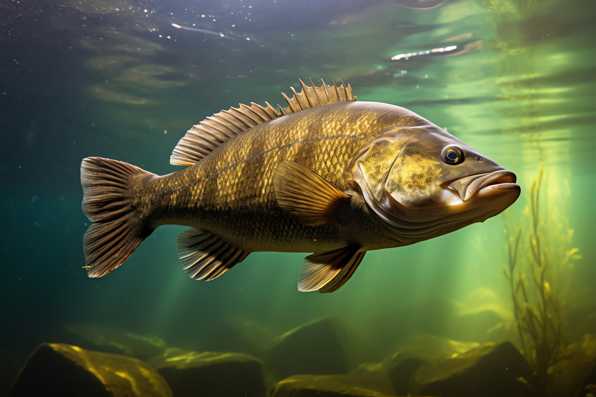 Smallmouth Bass, freshwater habitat, amber hues, natural camouflage, aquatic life, HD Desktop Image