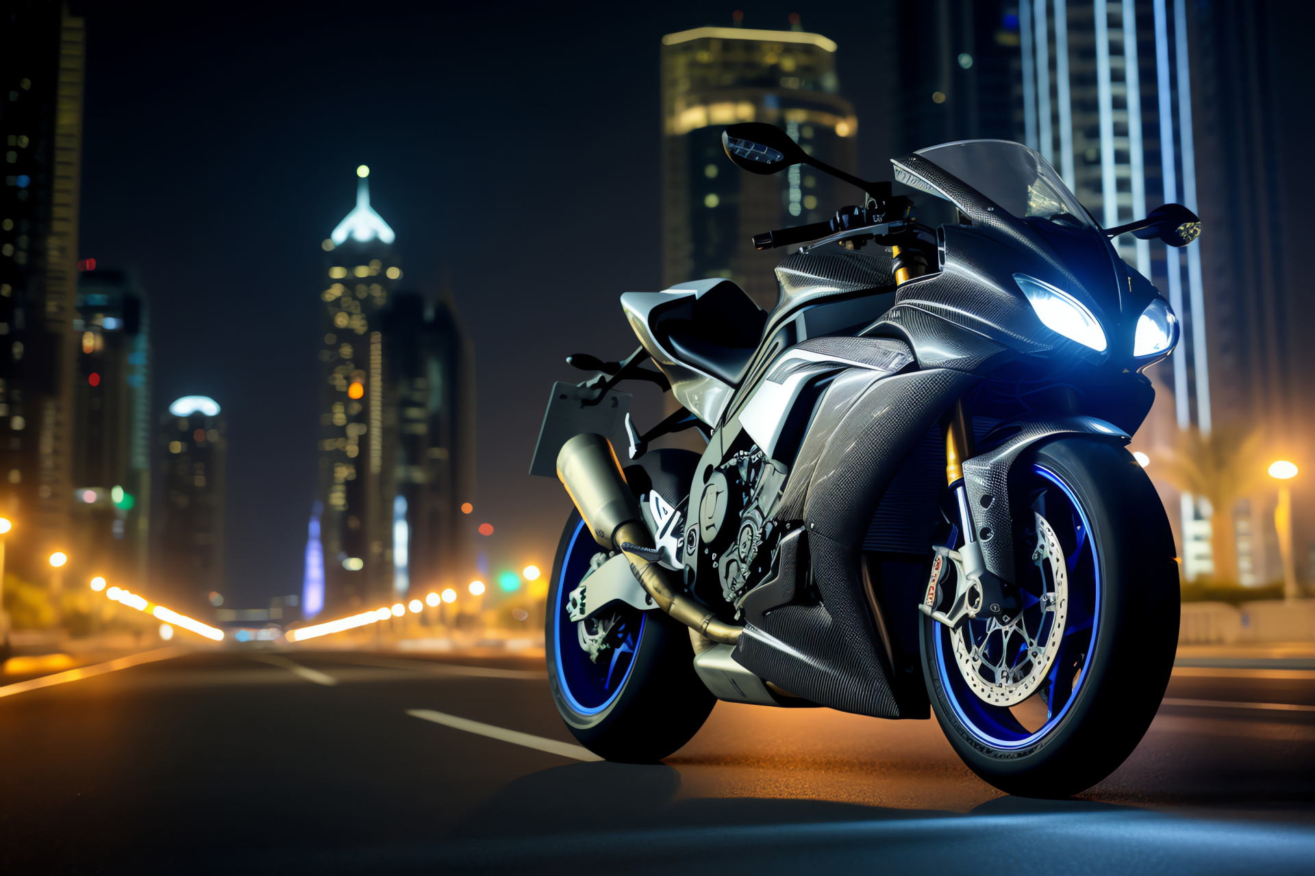 Yamaha R1 in Dubai, urban road view, Sheikh Zayed backdrop, skyscraper skyline, HD Desktop Wallpaper