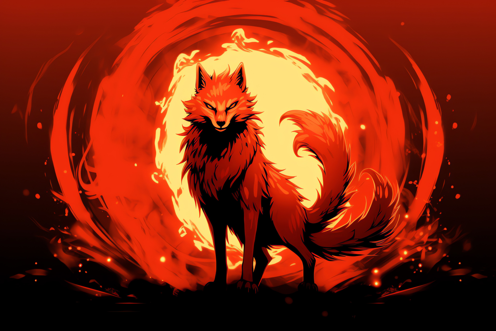 Shonen hero transformation, Nine Tails avatar, Glowing tawny irises, Vivid creature fur, Striking rouge environment, HD Desktop Wallpaper