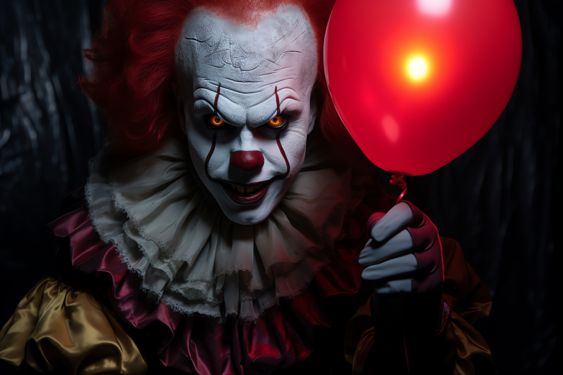 Cinematic Pennywise, flying balloon, horror film, glowing gaze, sinister grin, HD Desktop Wallpaper