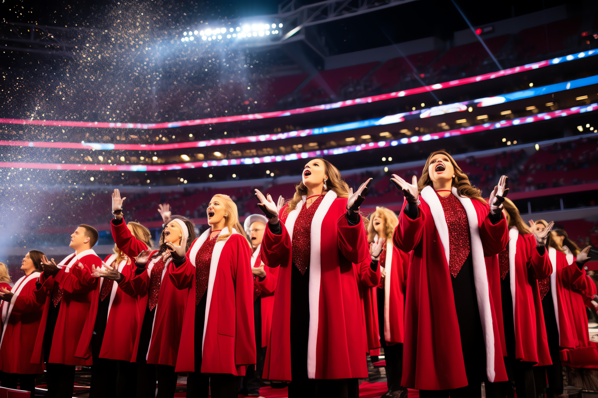 Stadium carolers at NFL game, holiday melodies, festive attire, celebratory wreathes, luminescent ornaments, HD Desktop Image